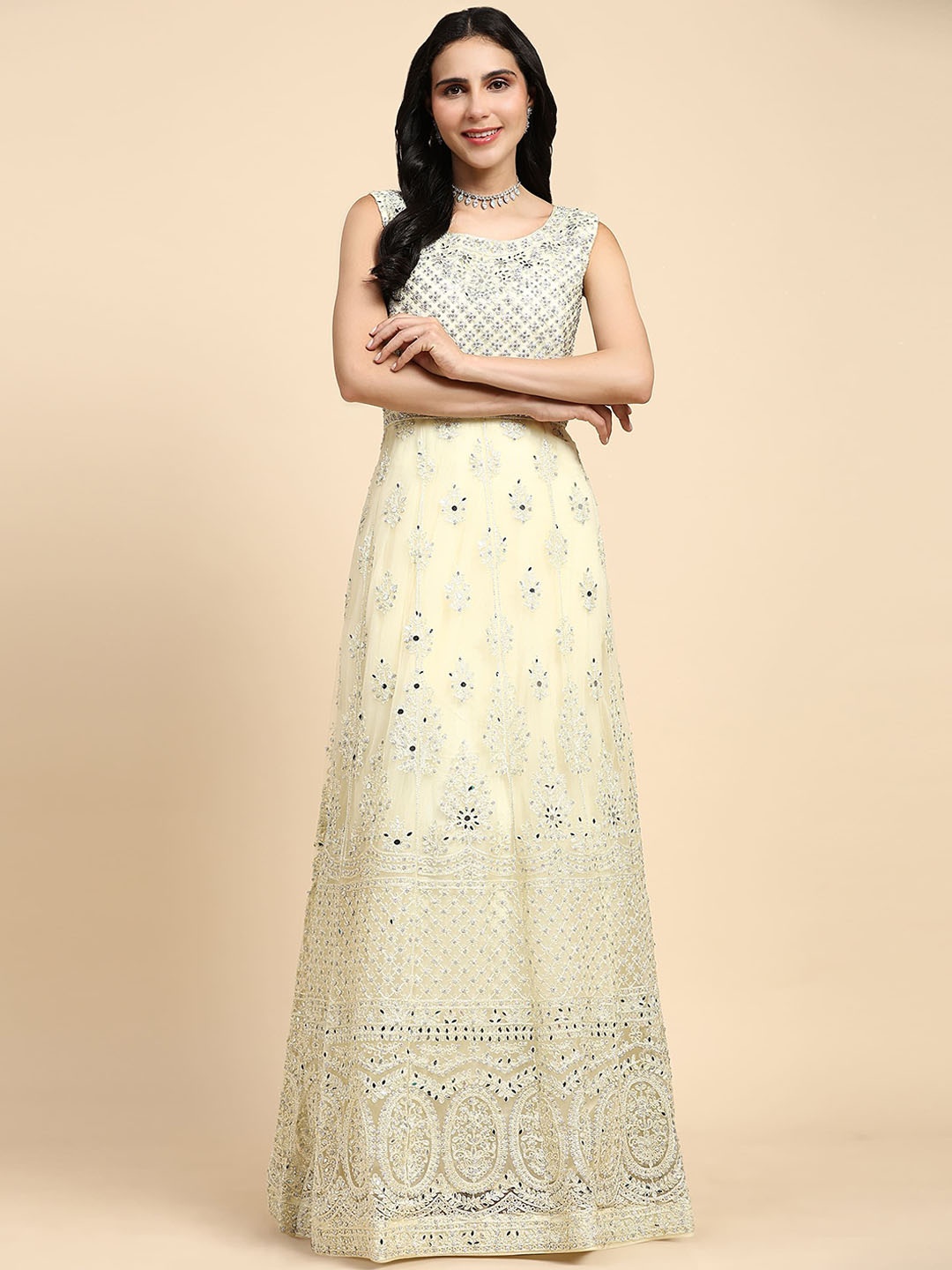 

AMOHA TRENDZ Women Embroidered Flared Ethnic Dress With Dupatta, Cream