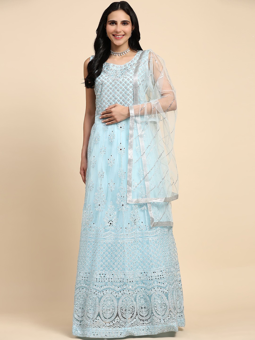 

AMOHA TRENDZ Women Embroidered Maxi Ethnic Dress With Dupatta Set, Blue
