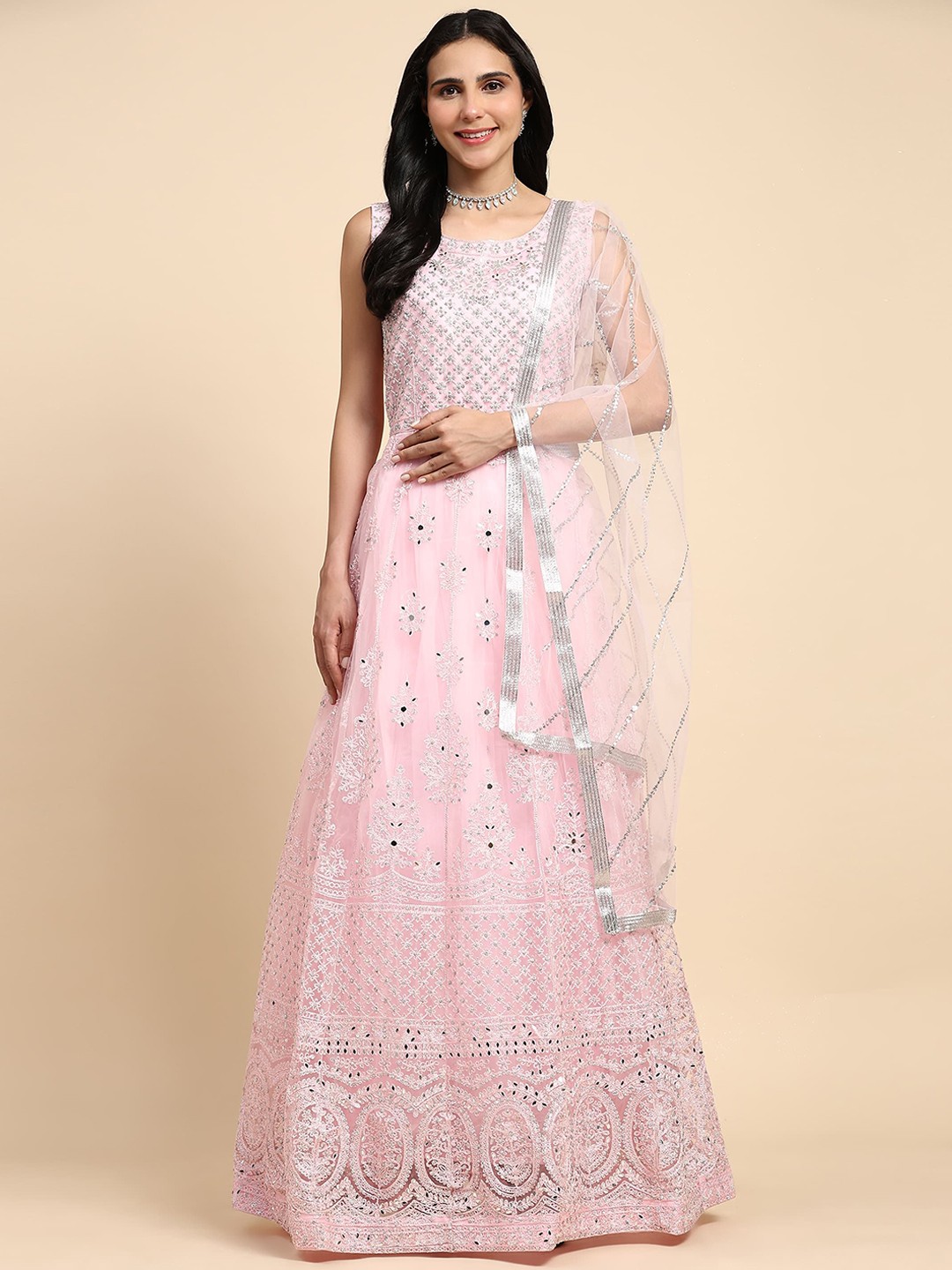 

AMOHA TRENDZ Women Embroidered Maxi Ethnic Dress With Dupatta Set, Pink