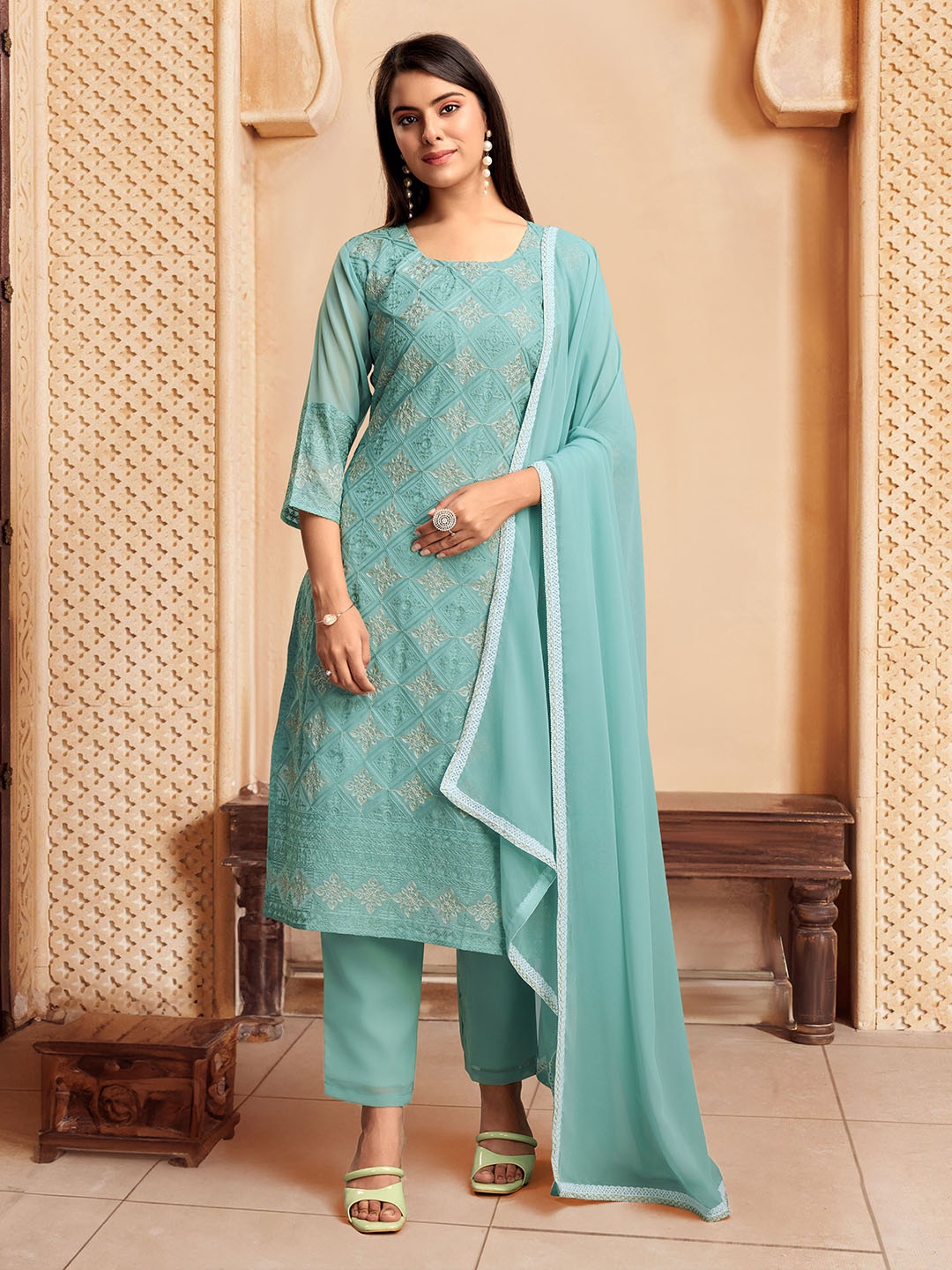 

House of Pataudi Embroidered Straight Kurta With Trouser Set, Blue