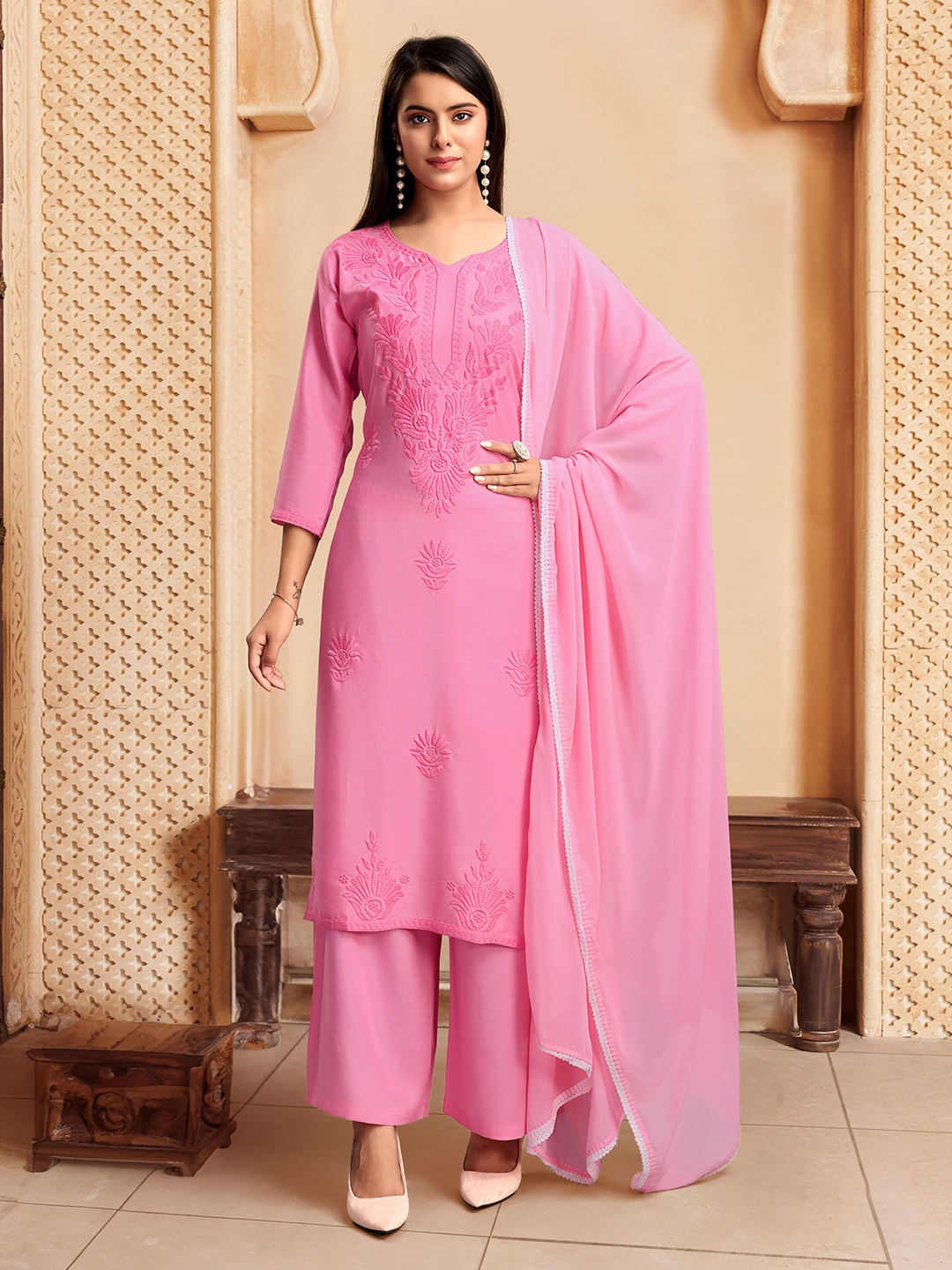 

House of Pataudi Embroidered Straight Kurta With Palazzo & Dupatta Set, Pink