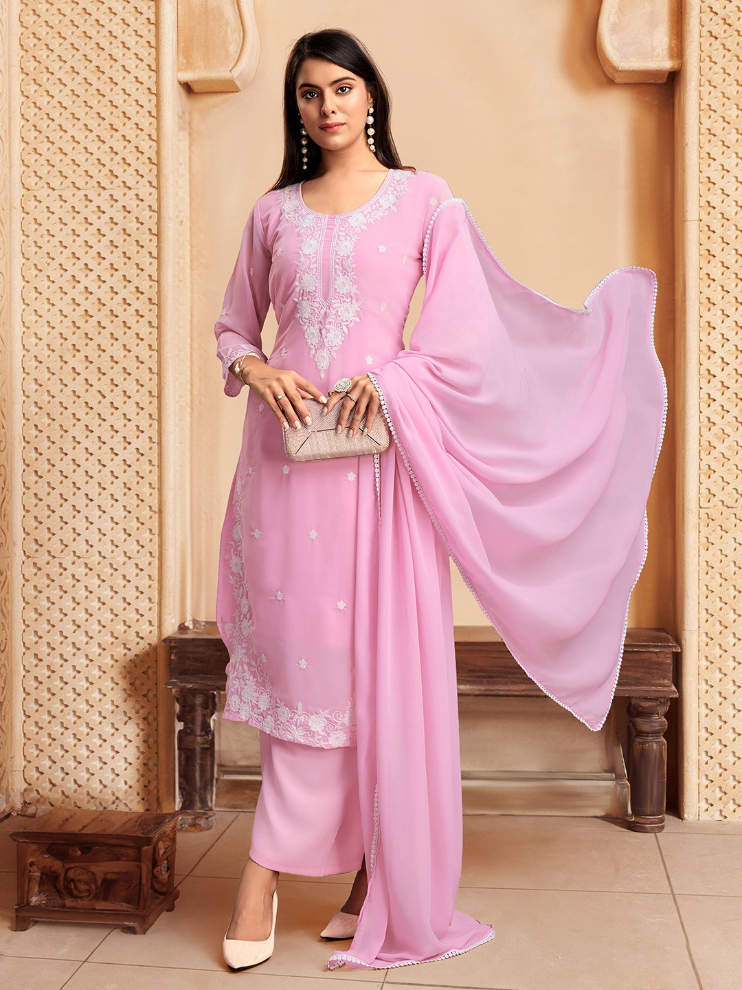 

House of Pataudi Embroidered Straight Kurta With Palazzo & Dupatta Set, Pink