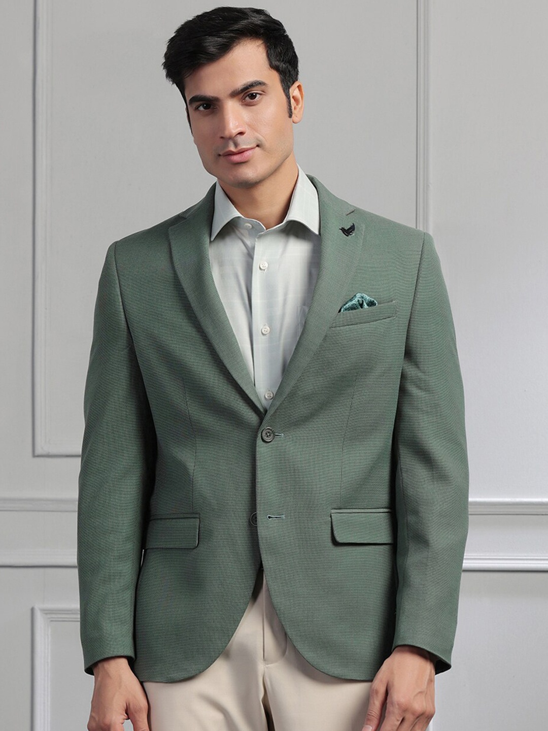 

Blackberrys Men Self Design Single-Breasted Slim-Fit Formal Blazer, Green