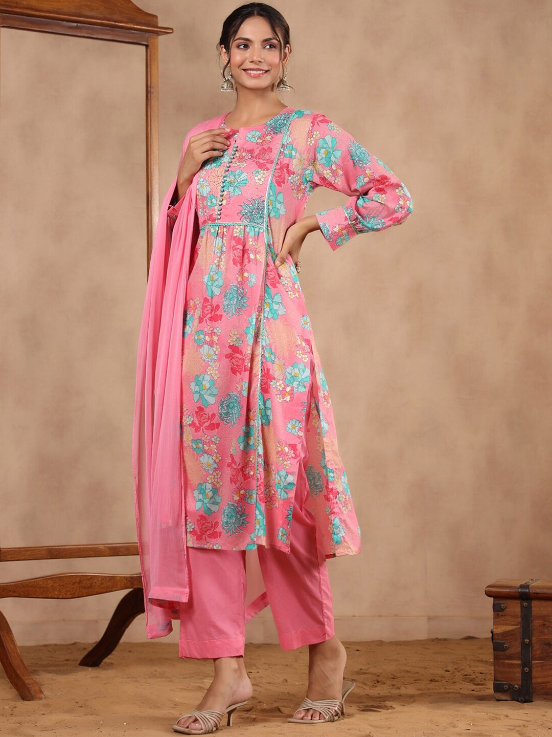 

KALINI Women Floral Printed Thread Work Pure Cotton Kurta with Trousers & With Dupatta, Pink