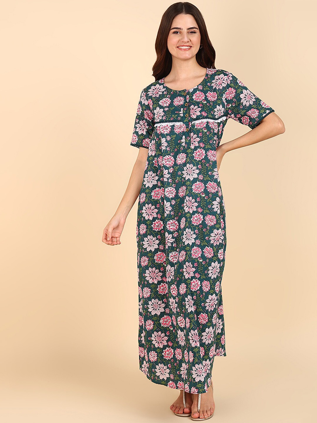 

House Of Zelena Printed Maternity Pure Cotton Maxi Nightdress, Green