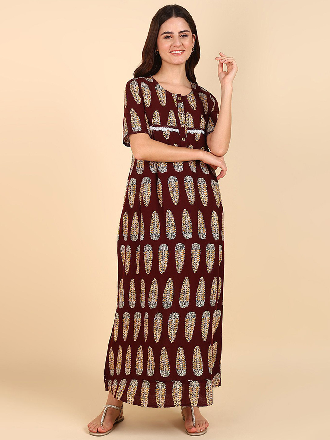 

House Of Zelena Printed Pure Cotton Maternity Maxi Nightdress, Maroon