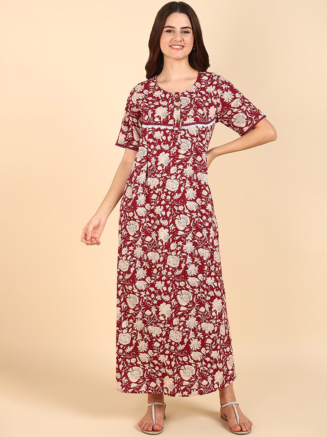 

House of Zelena Printed Maternity Pure Cotton Maxi Nightdress, Maroon
