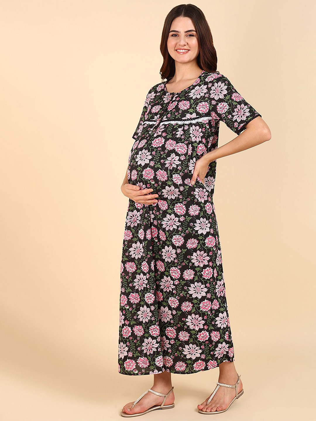

House of Zelena Pure Cotton Maternity Zipless Maxi with Pockets, Black