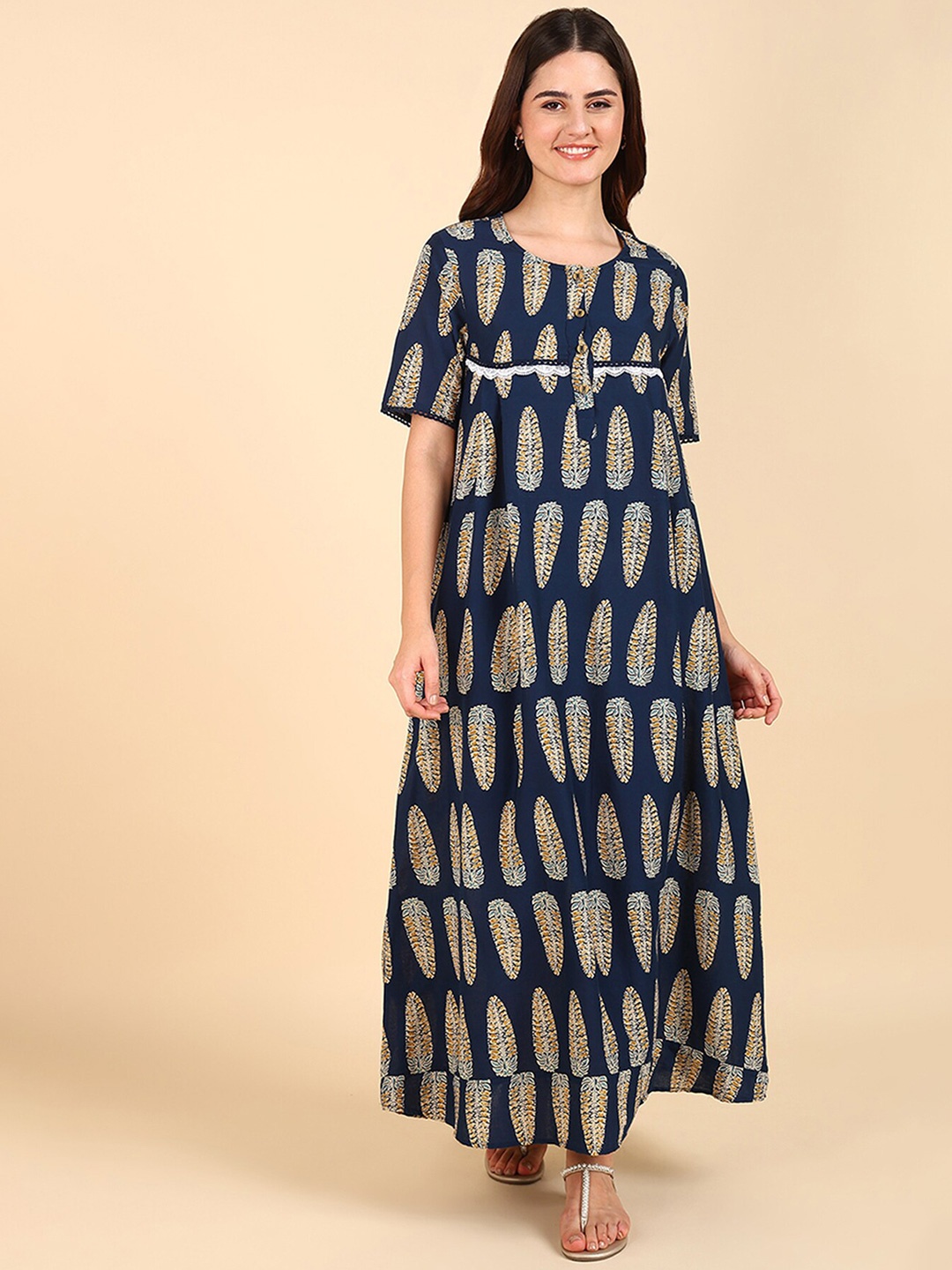 

House Of Zelena Printed Maternity Pure Cotton Maxi Nightdress, Navy blue