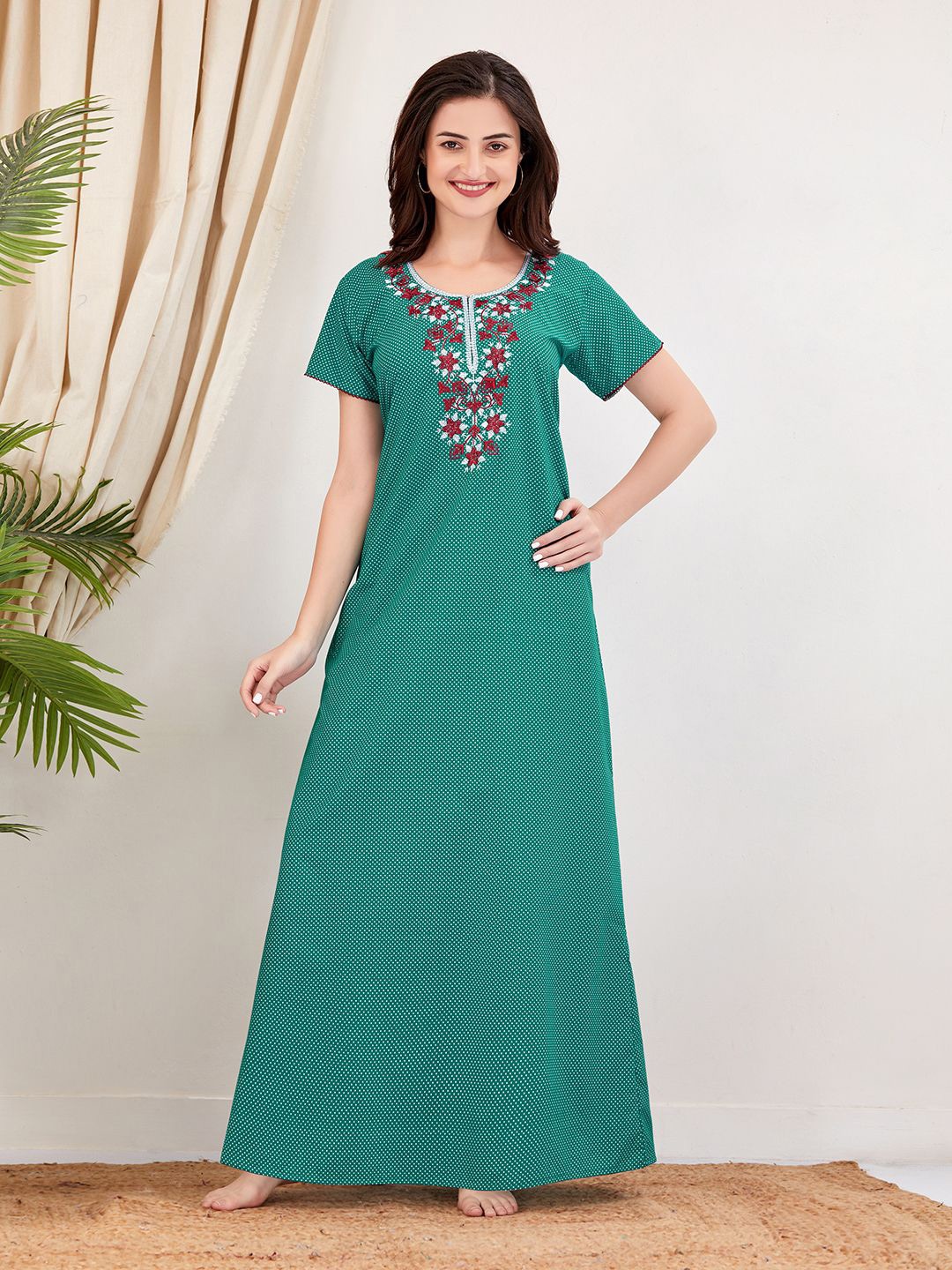 

Sand Dune Polka Dot Embroidered Maxi Nightdress, Sea green