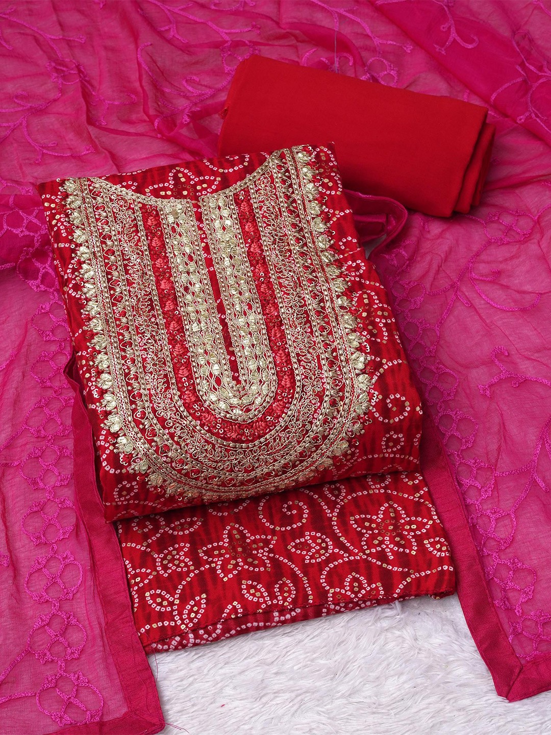 

KALINI Embroidered Viscose Rayon Unstitched Dress Material, Red