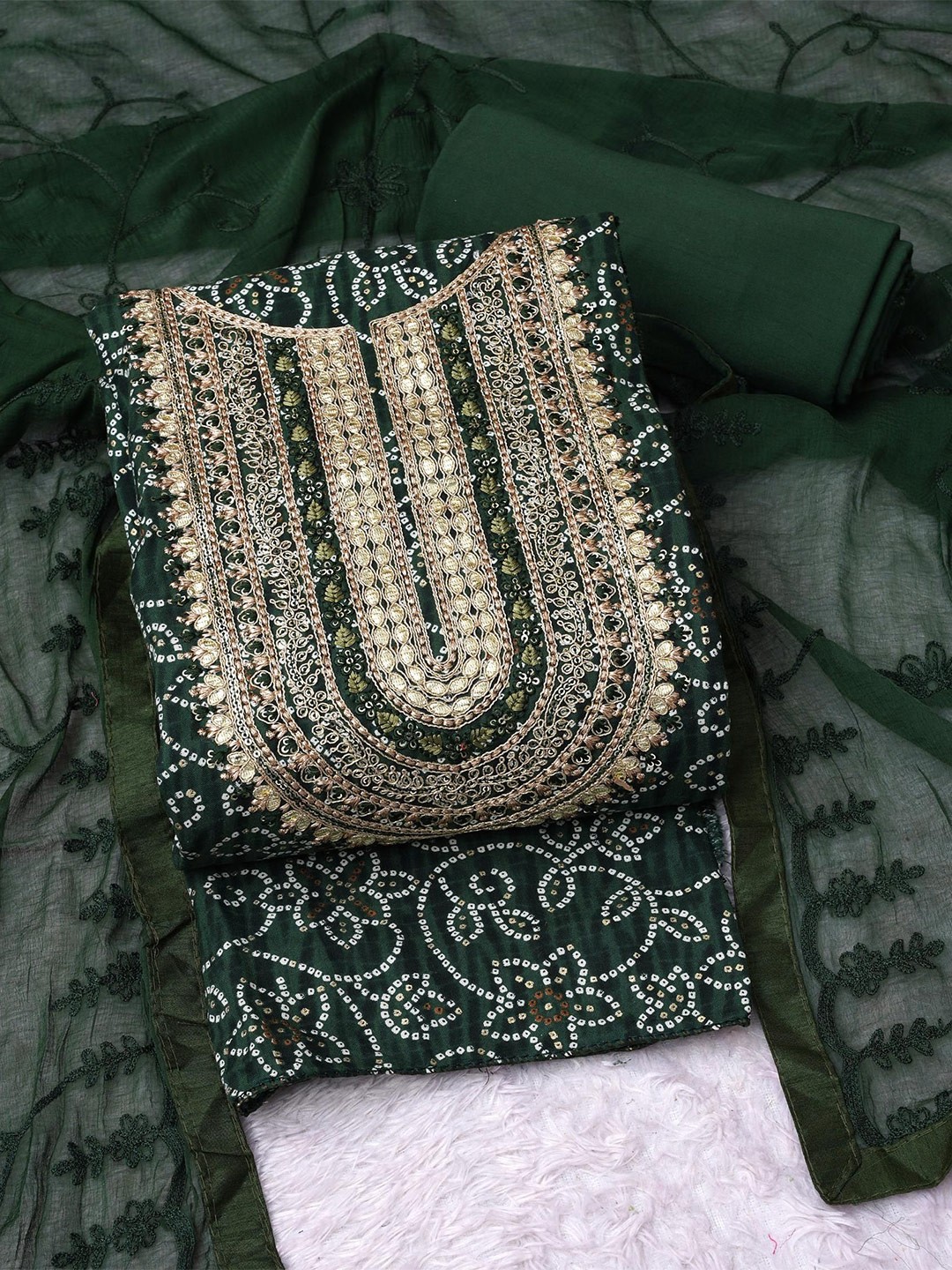 

KALINI Embroidered Viscose Rayon Unstitched Dress Material, Green