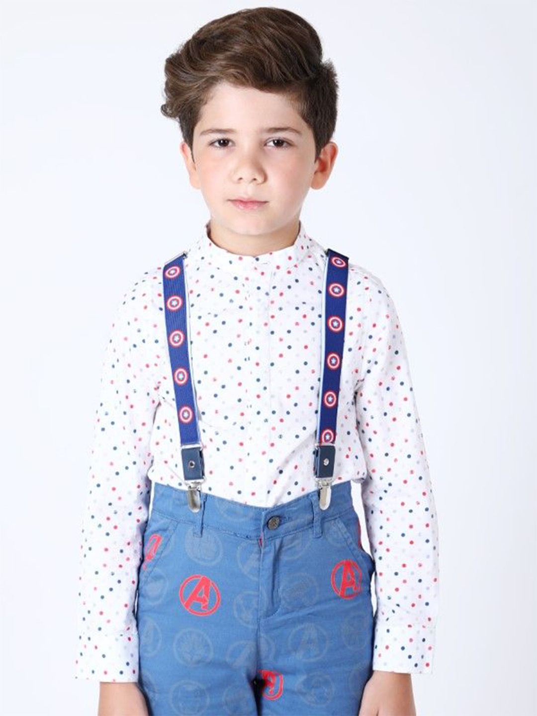 

One Friday Boys Comfort Polka Dots Printed Mandarin Collar Cotton Shirt, Off white