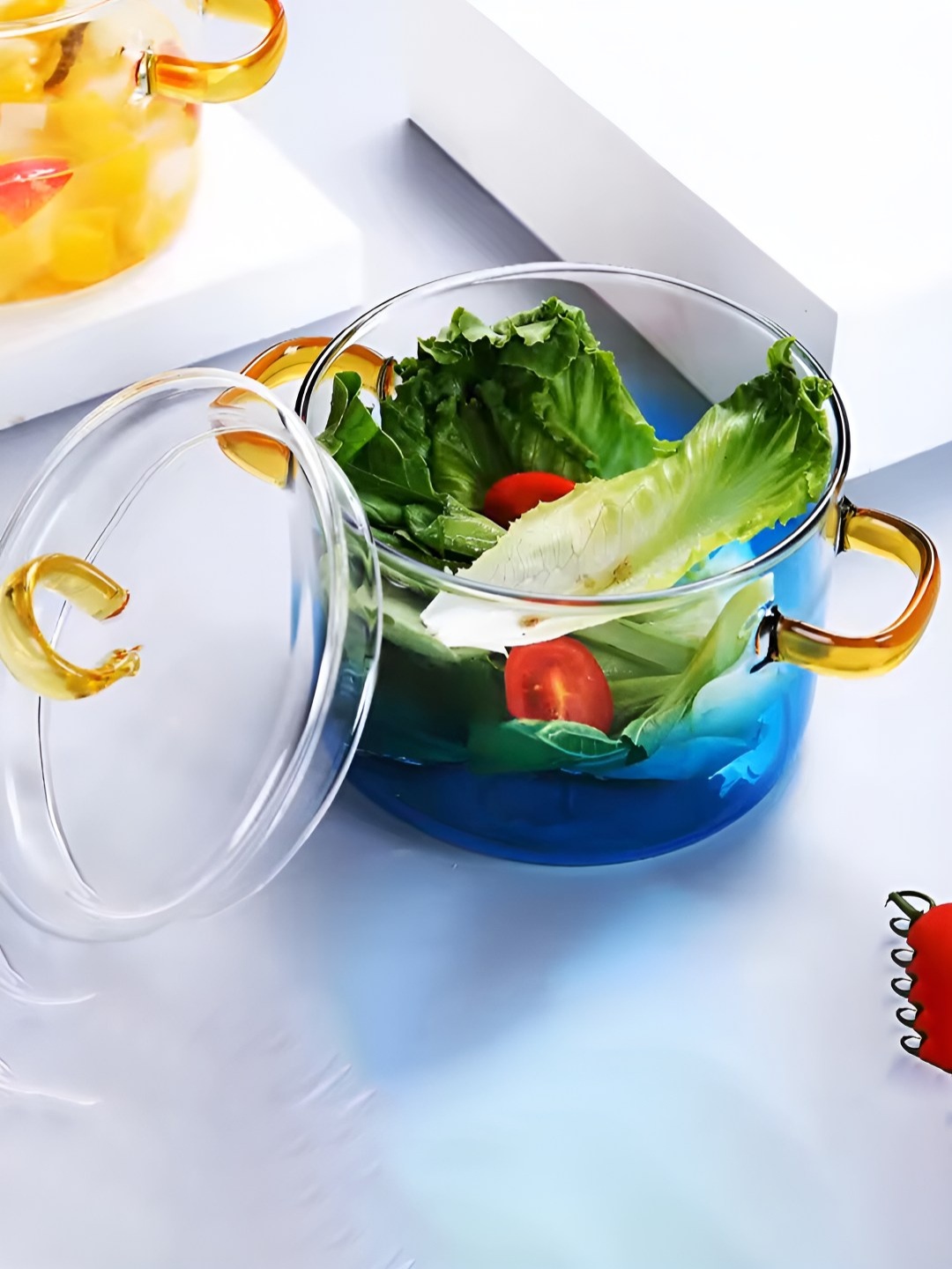 

Ekhasa Transparent & Blue Borosilicate Glass Cooking & Serving Handi with Lid