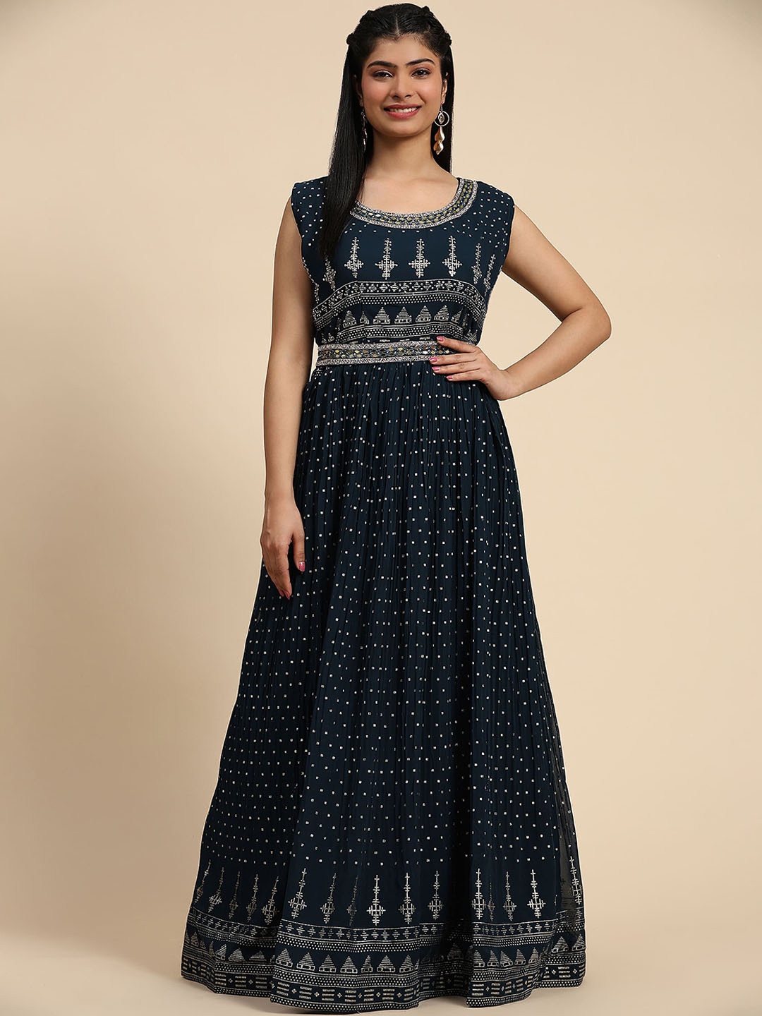 

AMOHA TRENDZ Women Pure Georgette Embroidered and Foil Printed Gown with Belt & Dupatta, Blue
