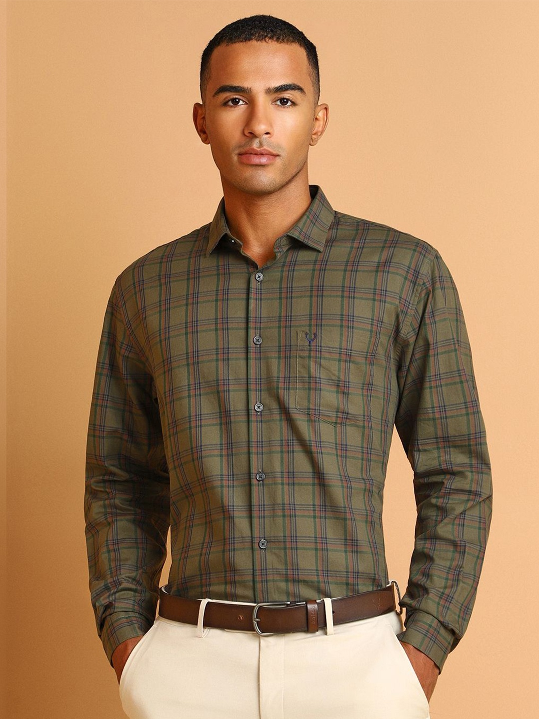 

Allen Solly Men Slim Fit Tartan Checks Opaque Checked Formal Shirt, Olive