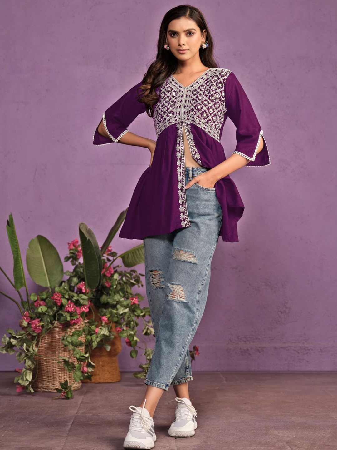 

Sangria Chikankari Embroidered Short Kurti, Purple