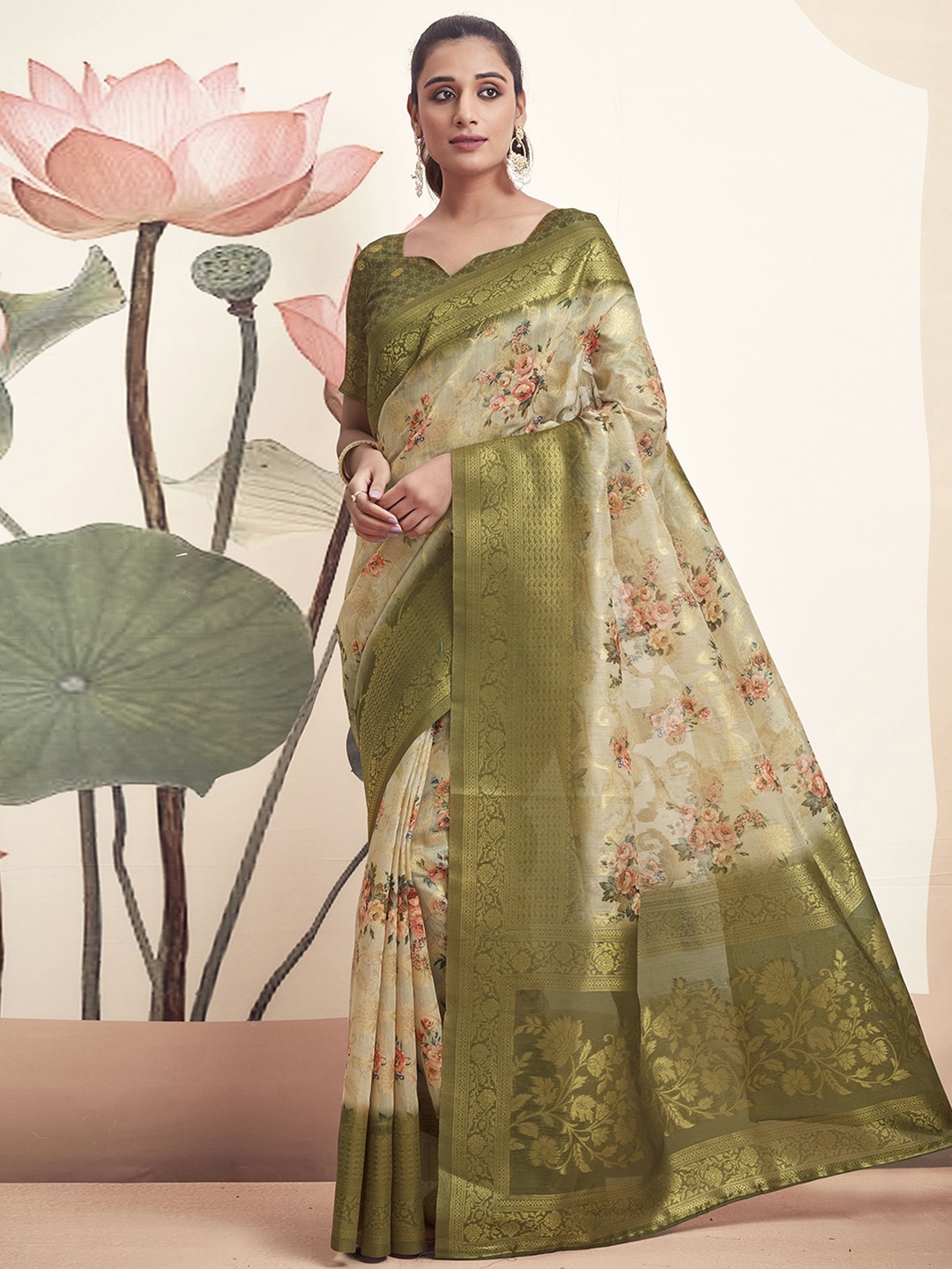 

Satrani Floral Zari Banarasi Saree, Olive