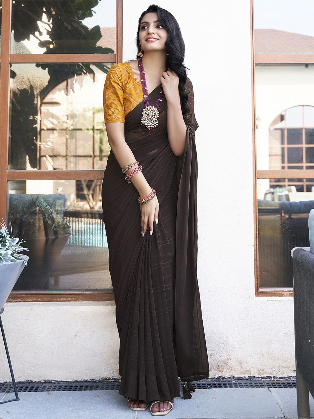 

Satrani Striped Pure Georgette Saree, Brown