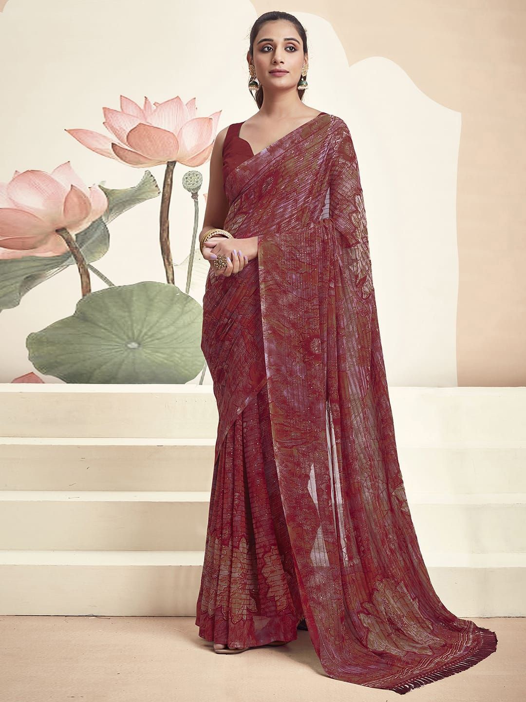 

Satrani Floral Sequinned Pure Georgette Saree, Maroon
