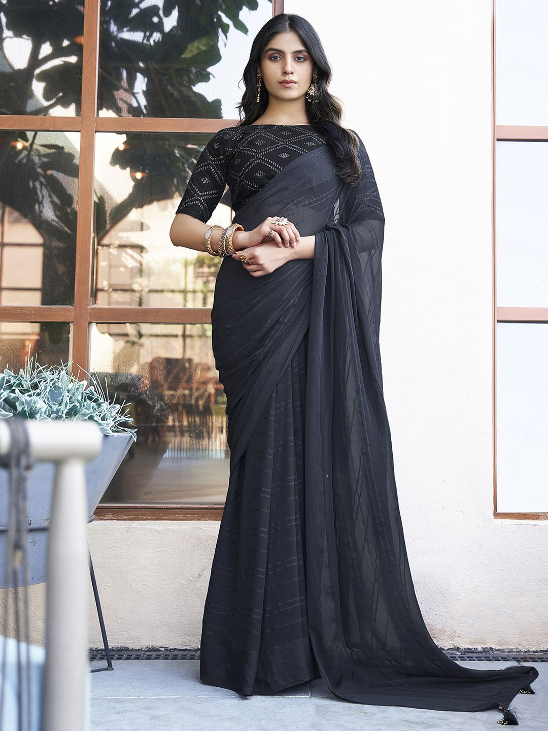 

Satrani Striped Zari Pure Georgette Saree, Black