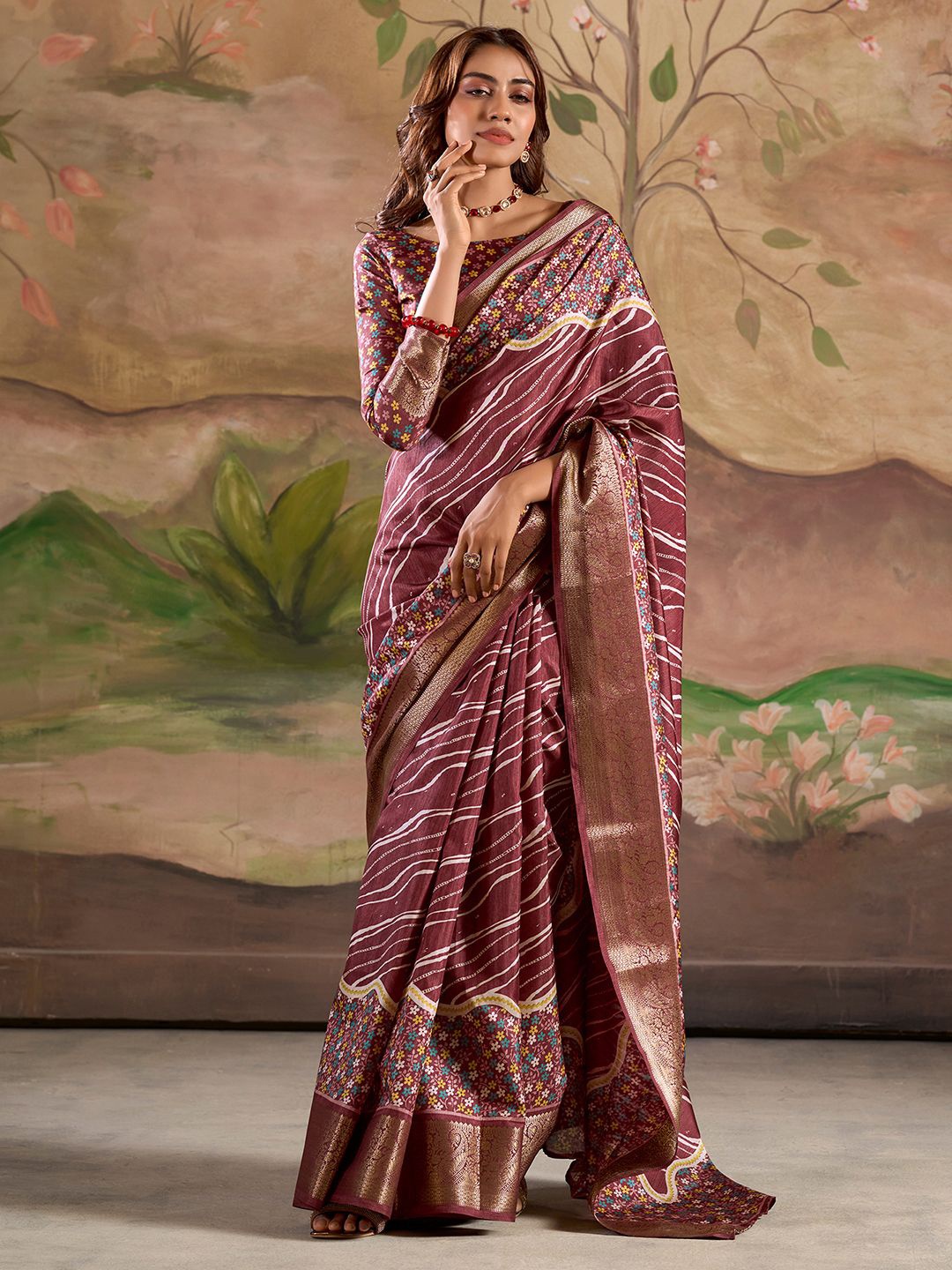 

Satrani Leheriya Zari Art Silk Designer Leheriya Saree, Maroon