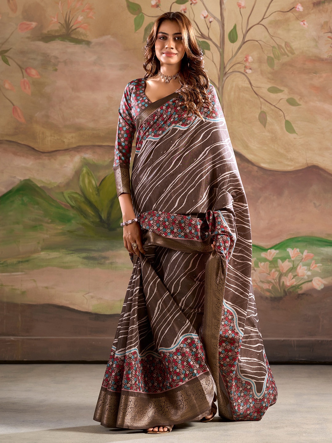 

Satrani Leheriya Zari Leheriya Saree, Brown