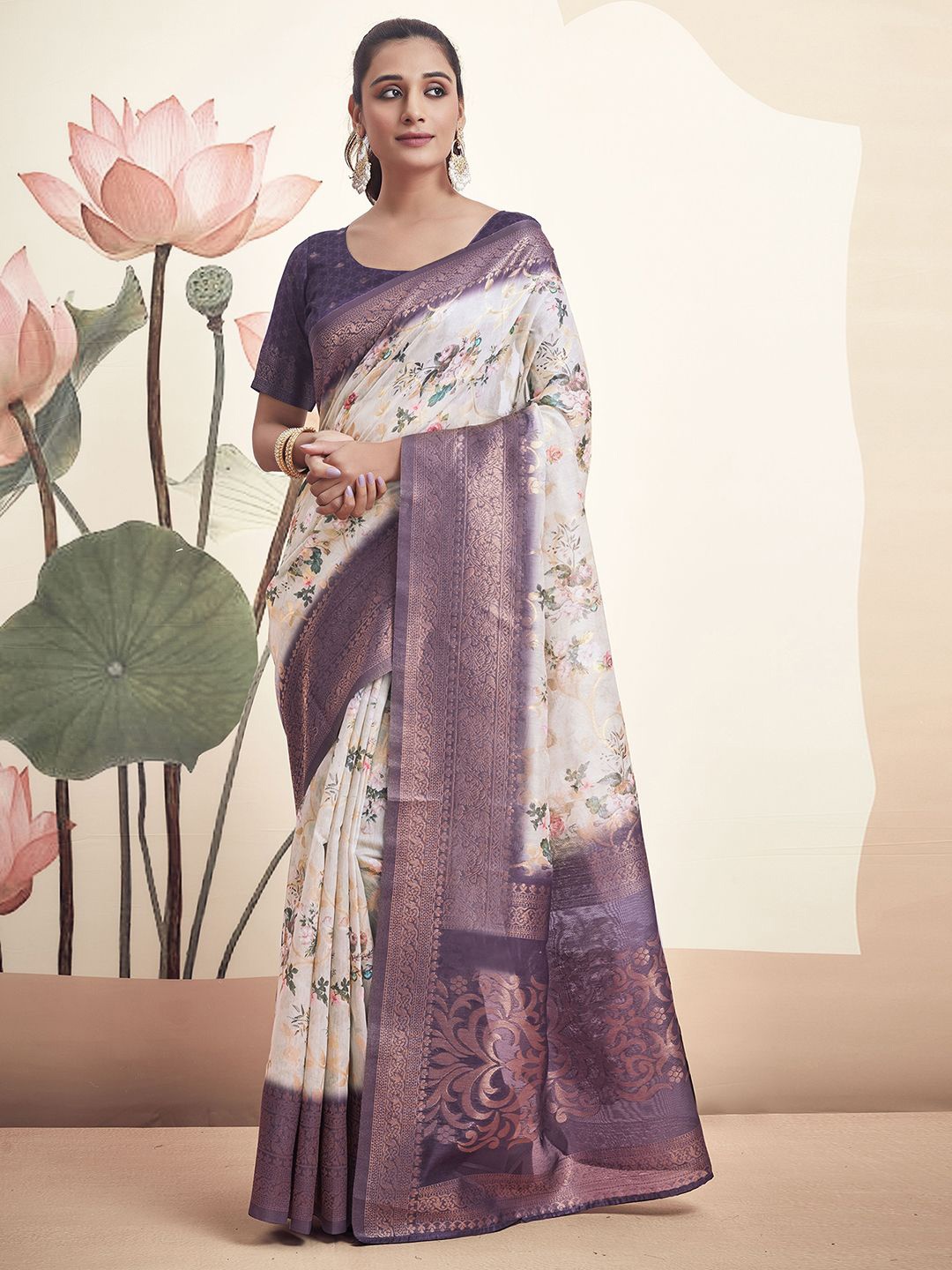 

Satrani Floral Printed Zari Banarasi Saree, Purple