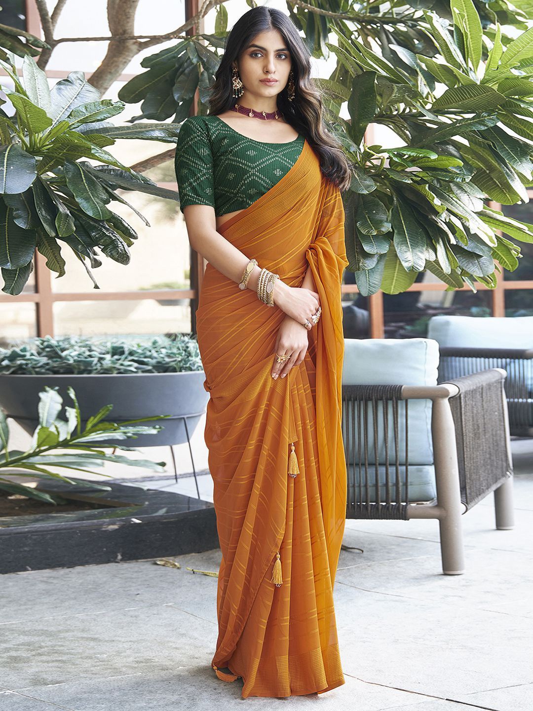 

Satrani Striped Zari Pure Georgette Designer Leheriya Saree, Gold