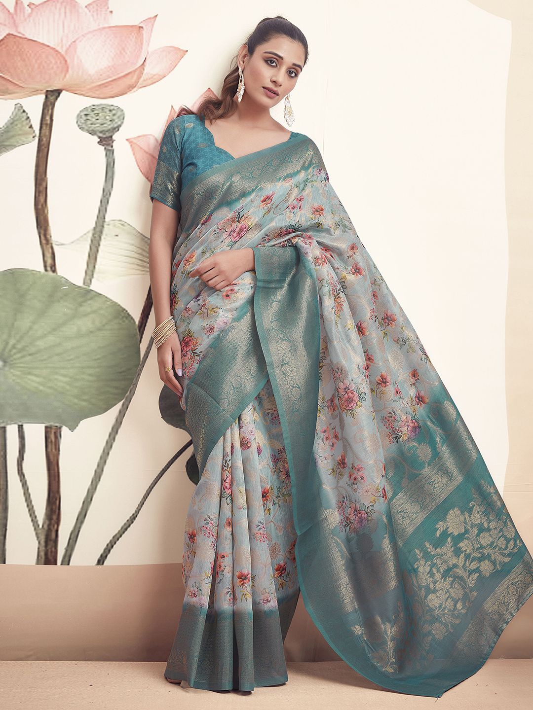 

Satrani Floral Zari Banarasi Saree, Blue