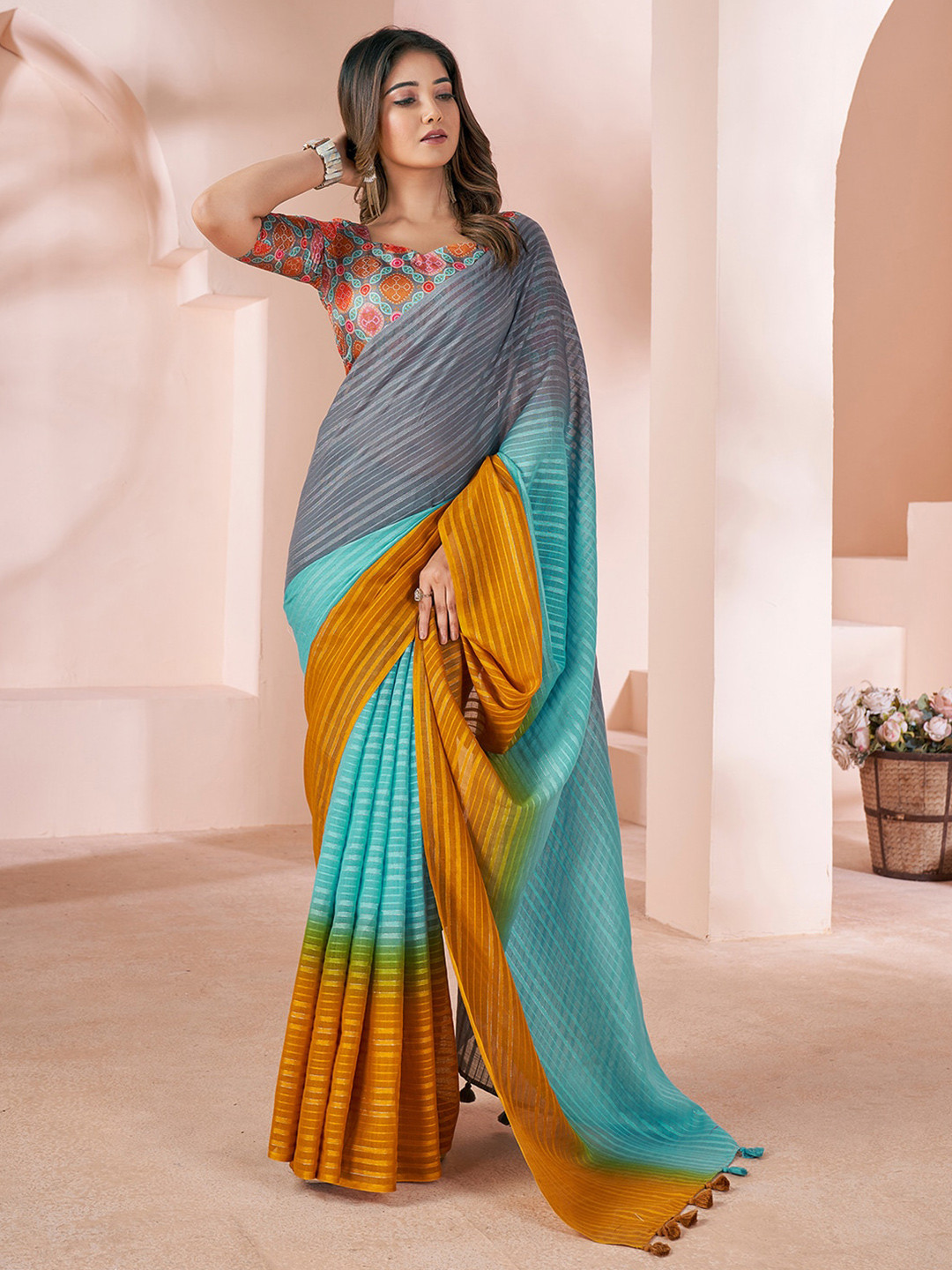 

Satrani Striped Saree, Blue