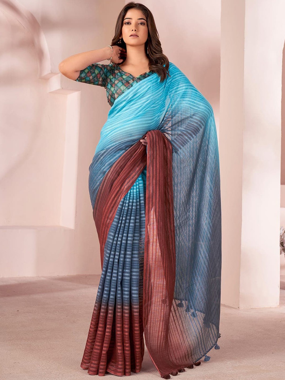 

Satrani Striped Saree, Blue