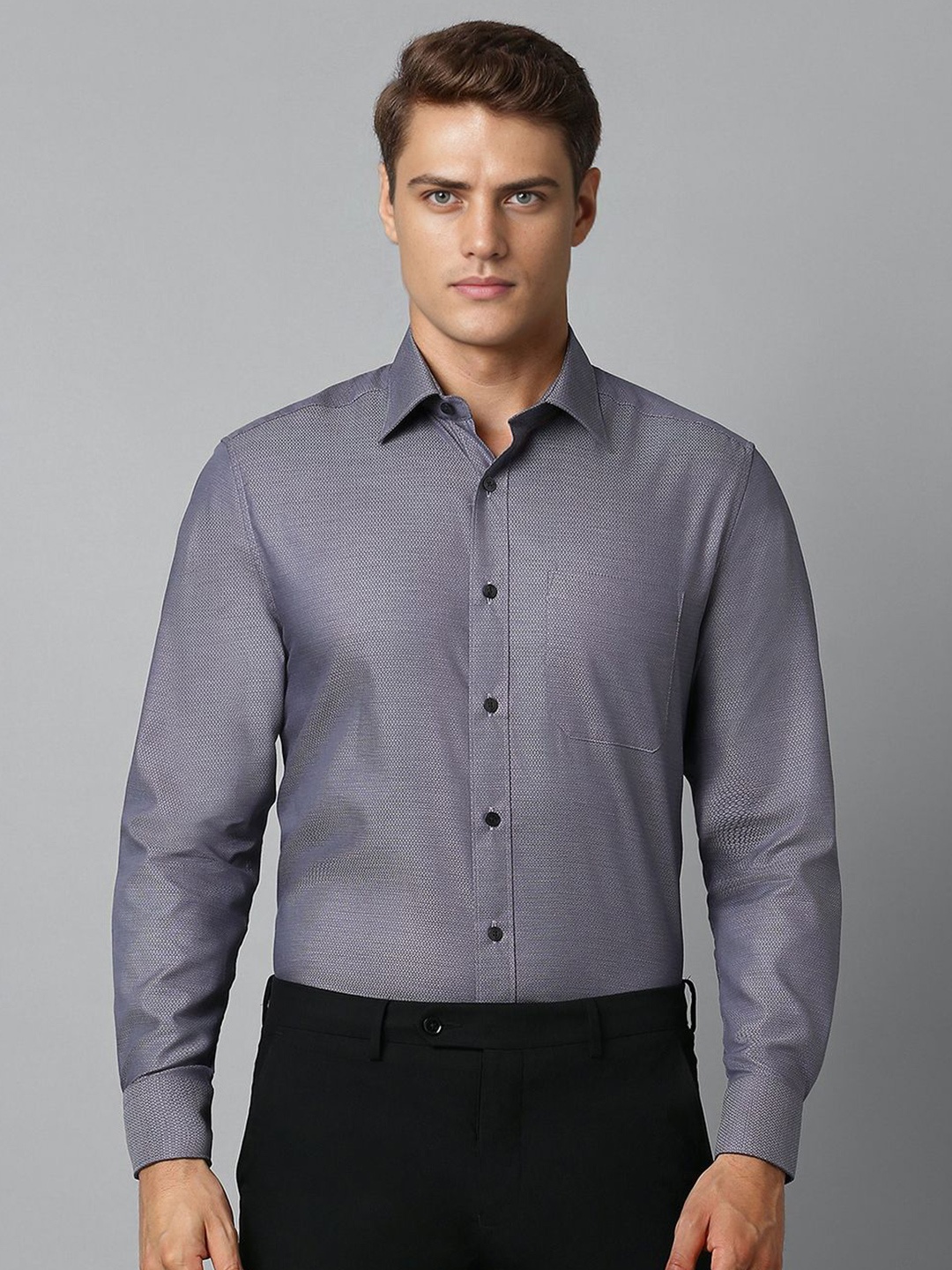 

Louis Philippe Men Textured Full Sleeves Cotton Formal Shirt, Grey