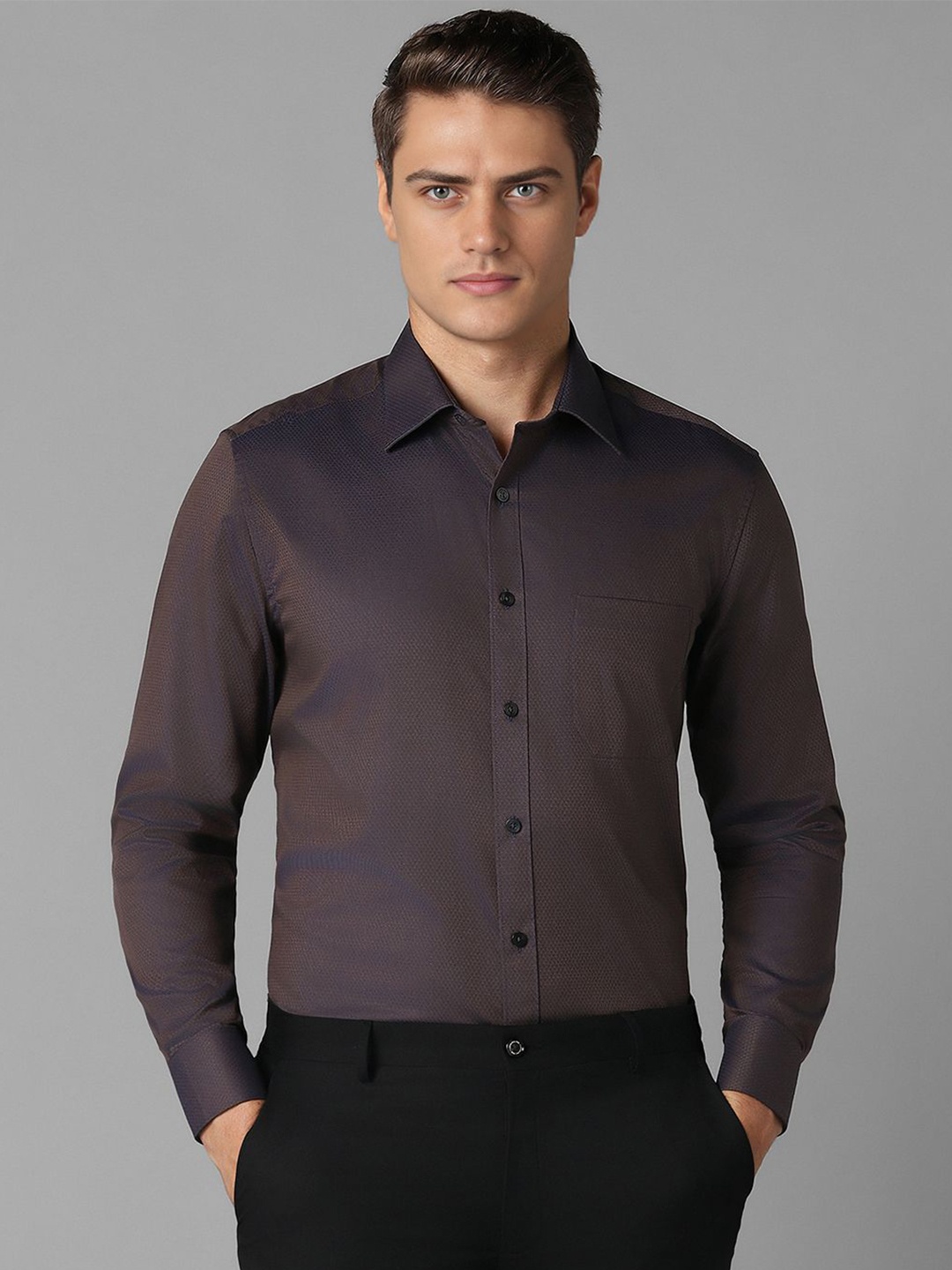 

Louis Philippe Men Textured Full Sleeves Formal Shirt, Brown