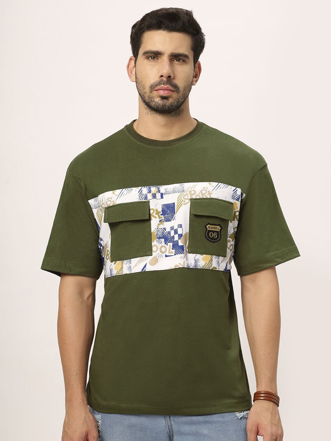 

N AND J Men Typography Pockets T-shirt, Olive
