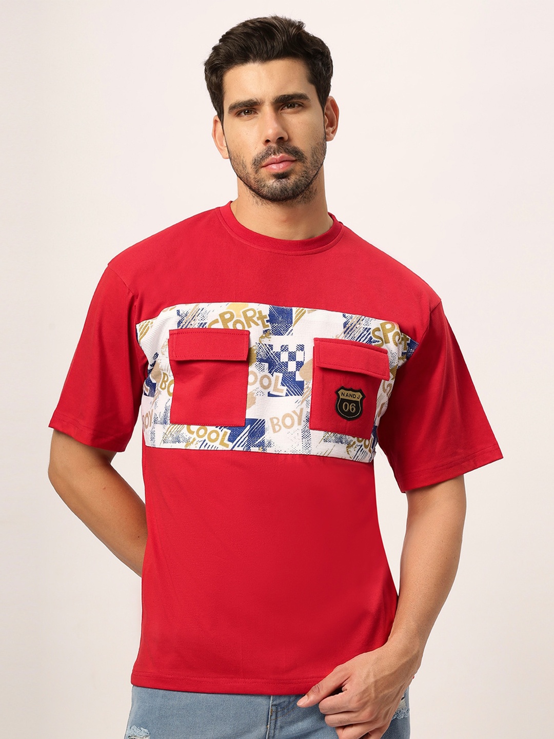 

N AND J Typography Printed Round Neck Cotton Oversized T-shirt, Red