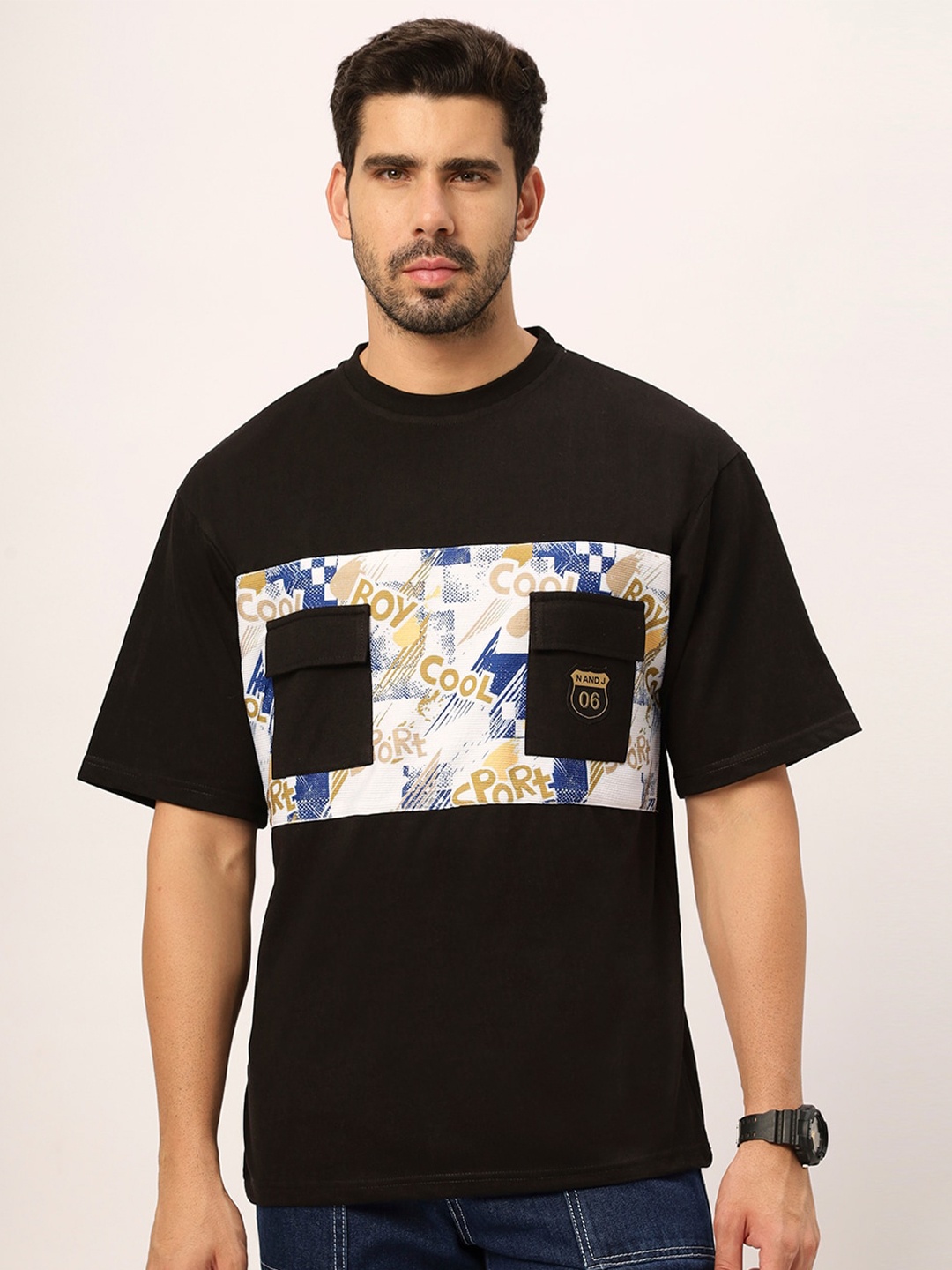 

N AND J Typography Printed Round Neck Cotton Oversized T-shirt, Black
