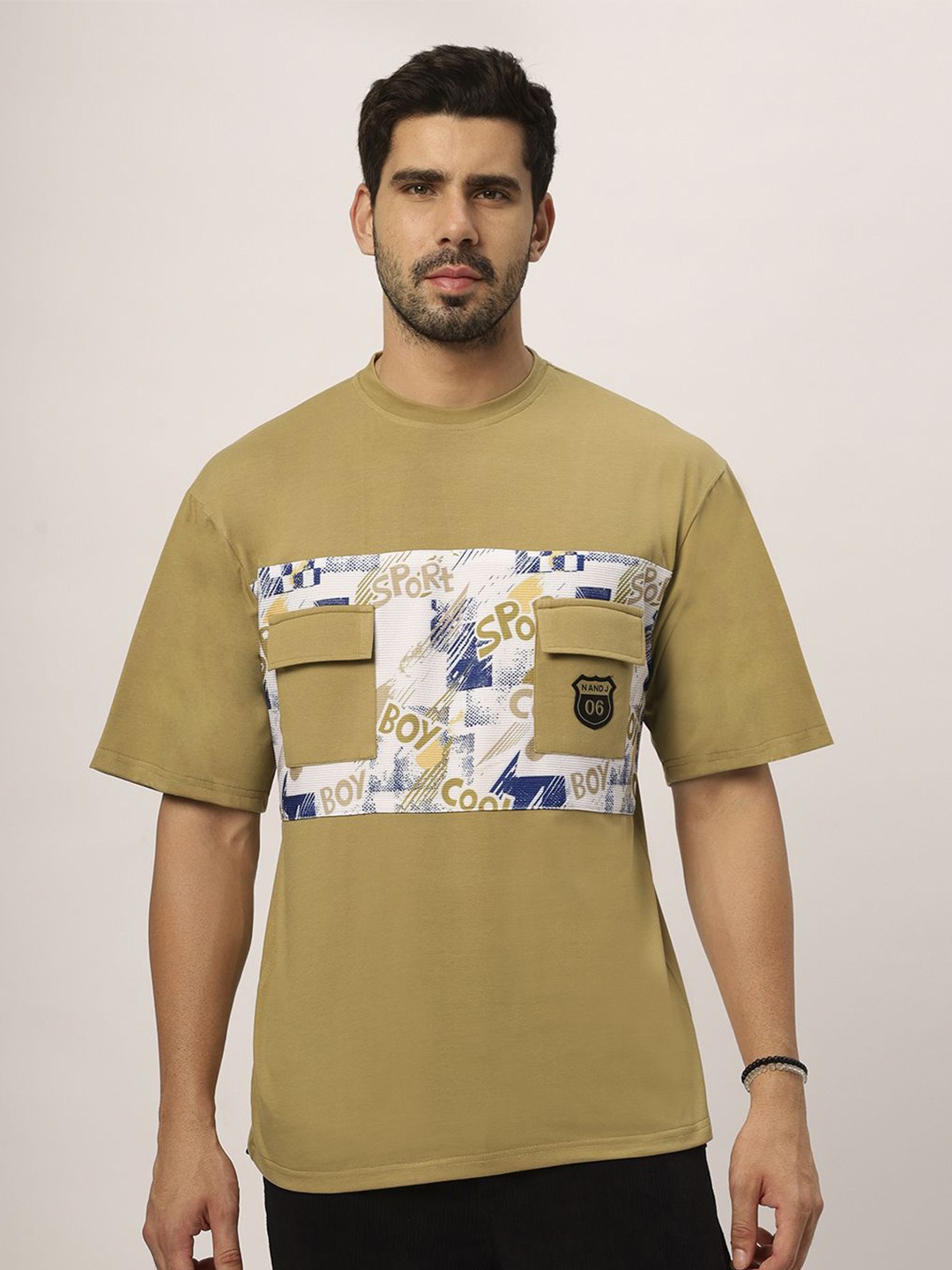 

N AND J Typography Printed Round Neck Cotton Oversized T-shirt, Khaki