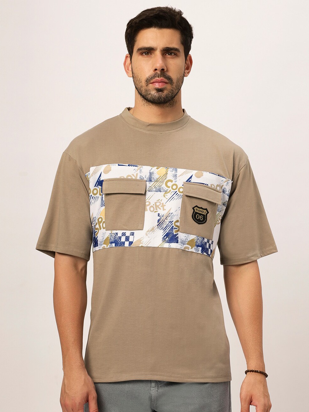 

N AND J Typography Printed Round Neck Cotton Oversized T-shirt, Brown