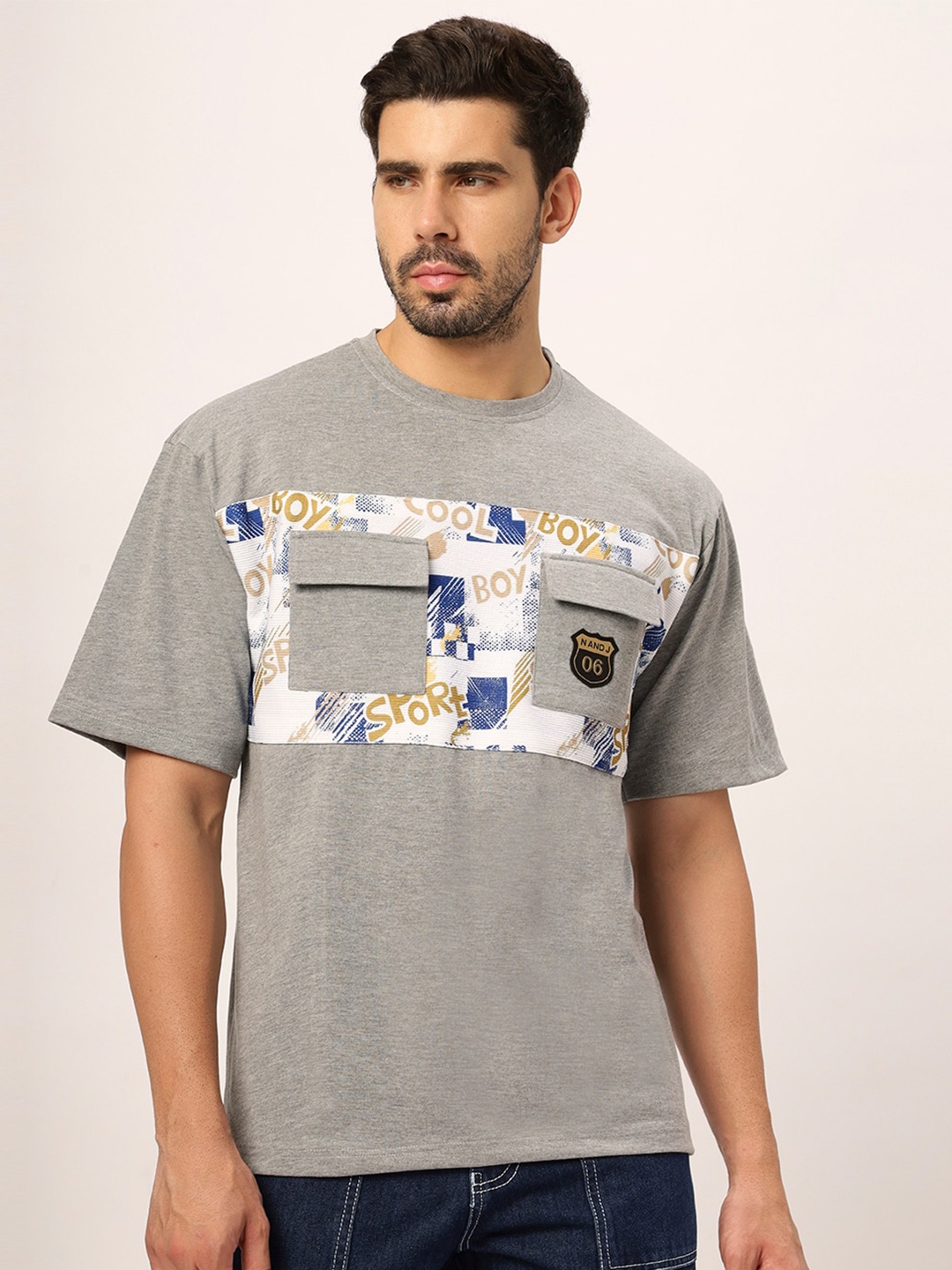 

N AND J Typography Printed Round Neck Cotton Oversized T-shirt, Grey
