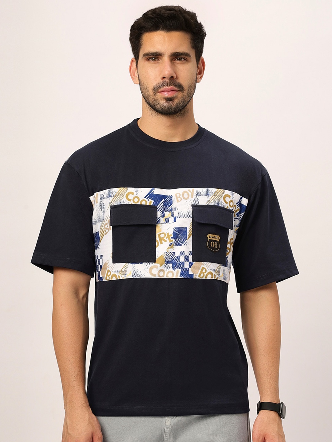 

N AND J Typography Printed Round Neck Cotton Oversized T-shirt, Navy blue