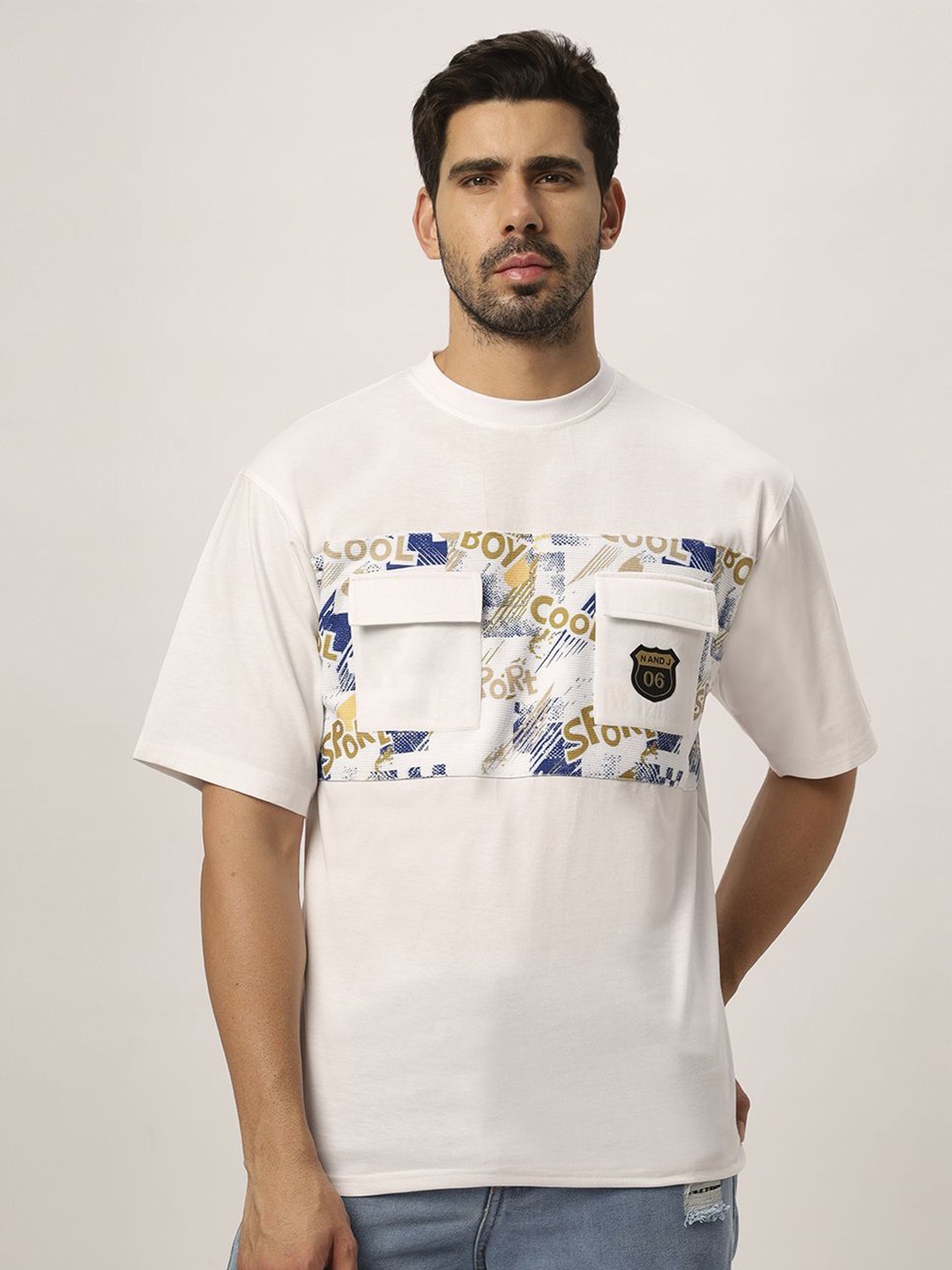 

N AND J Typography Printed Round Neck Cotton Oversized T-shirt, White