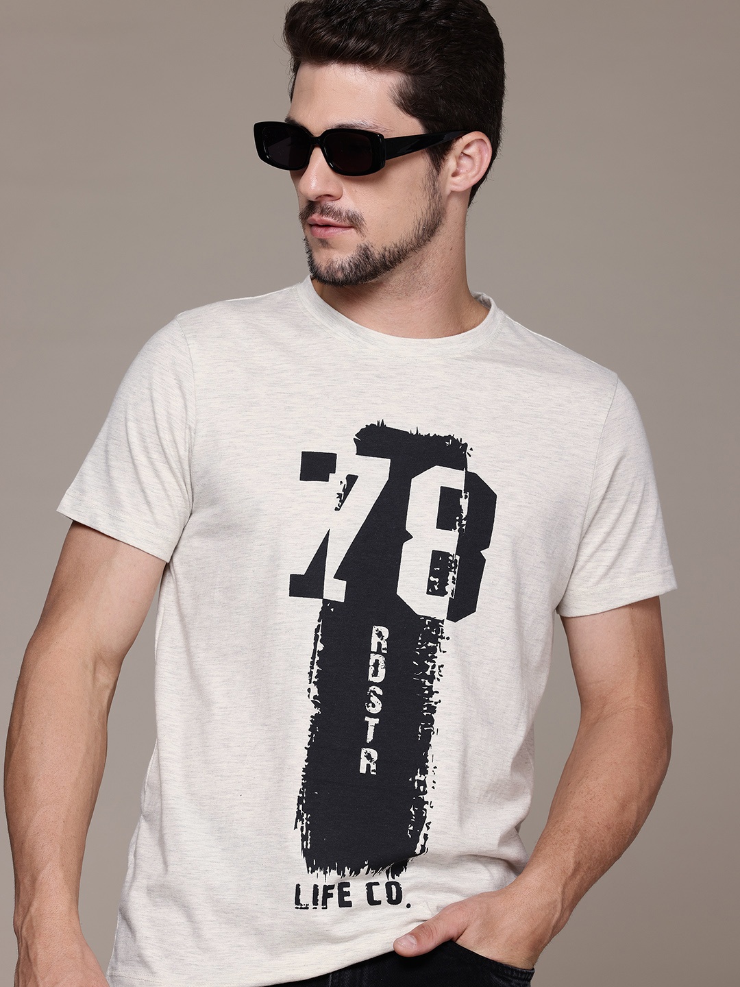 

Roadster Men Printed T-shirt, Grey melange