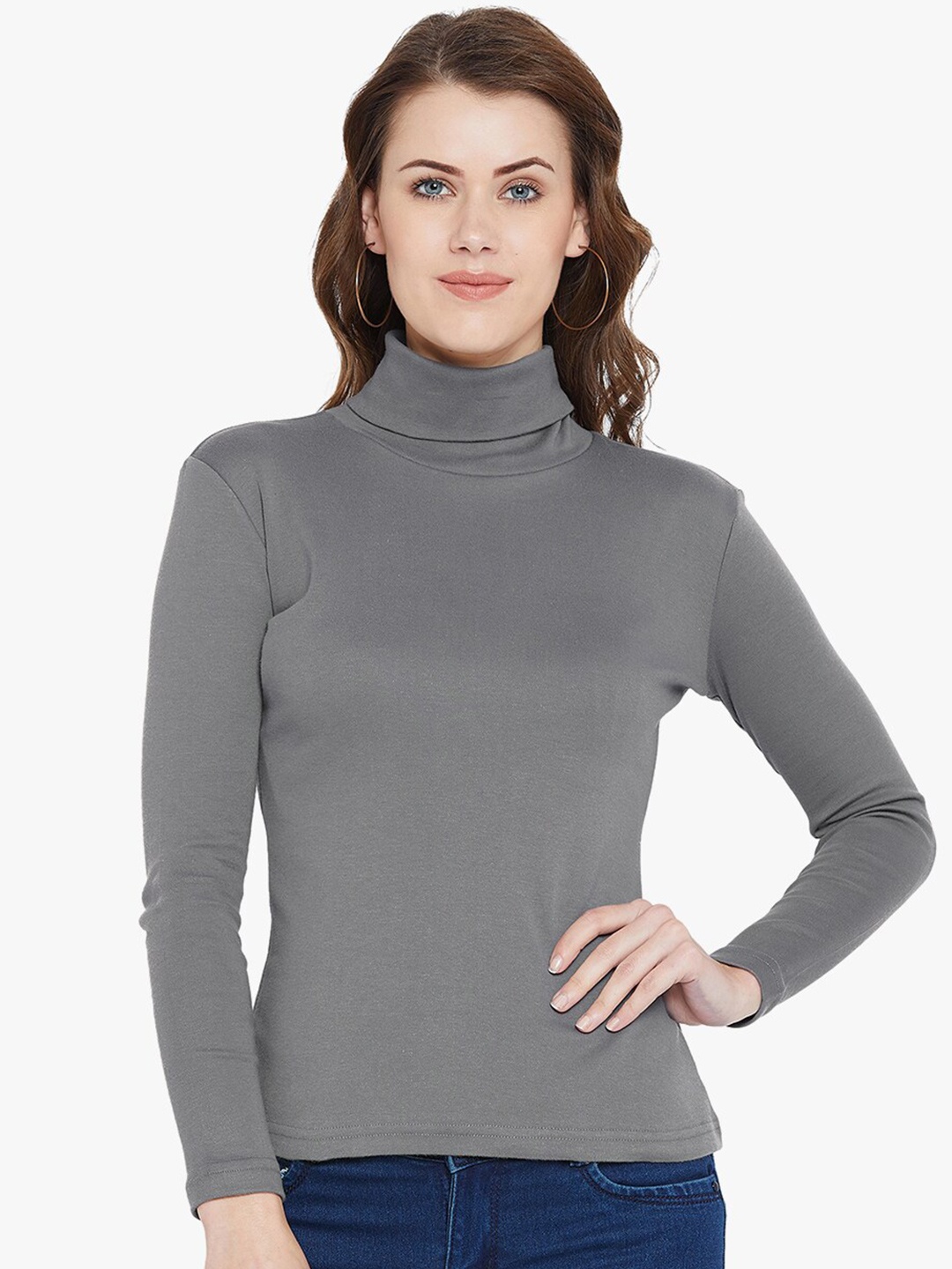 

Hypernation Women High Neck Pockets T-shirt, Grey