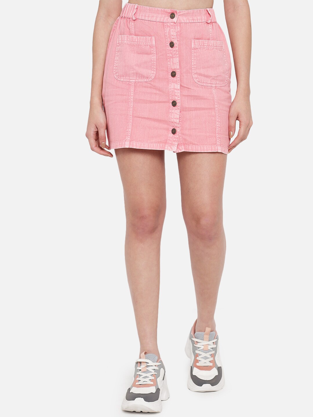 

CHEMISTRY Denim Flared Straight Mini Skirt, Pink