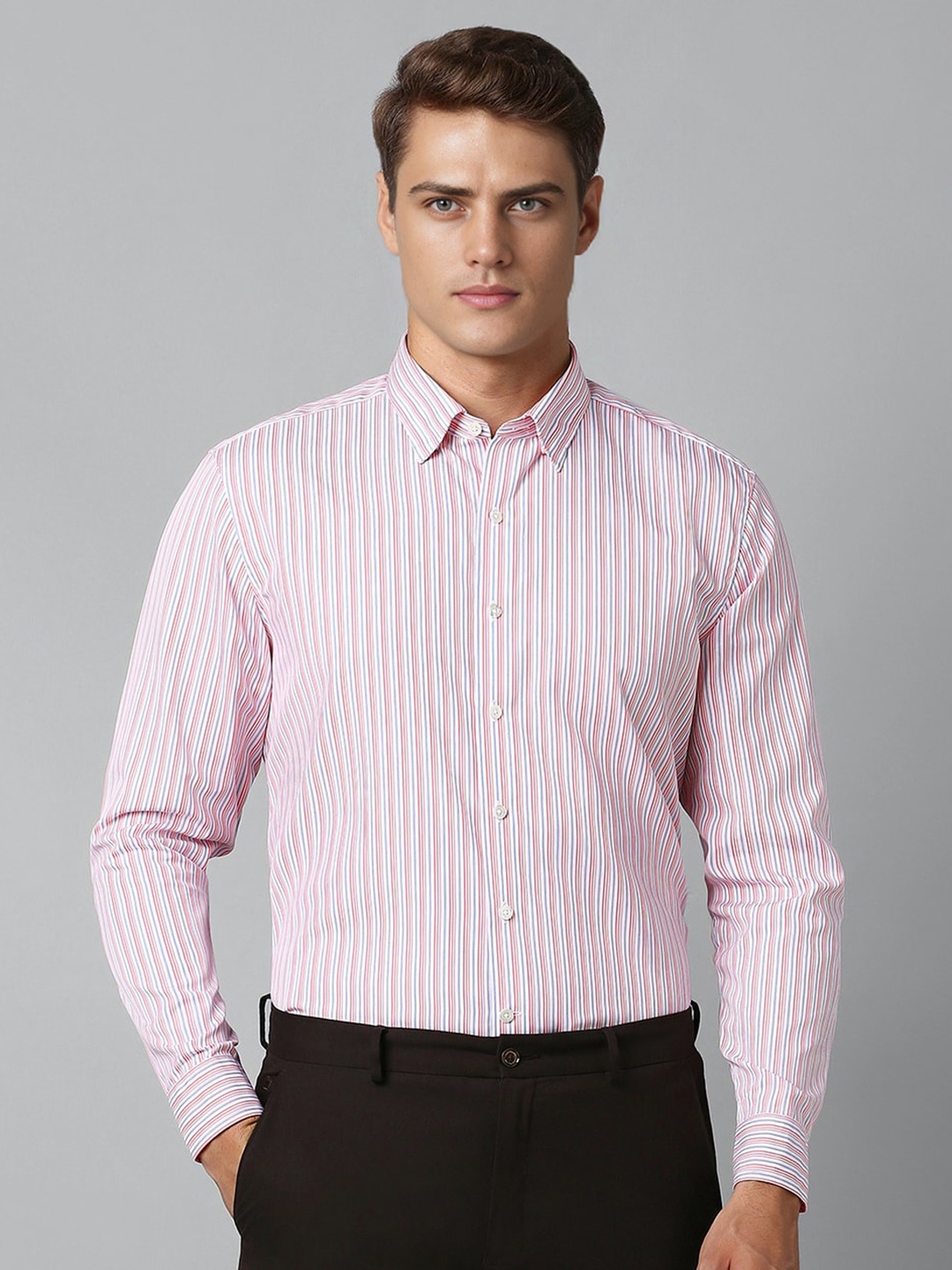 

Luxure by Louis Philippe Men Slim Fit Opaque Striped Formal Shirt, Pink