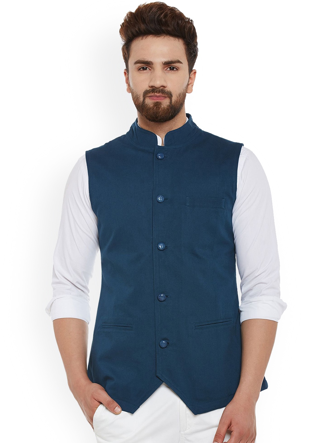 

Hypernation Pure Cotton Nehru Jacket, Teal