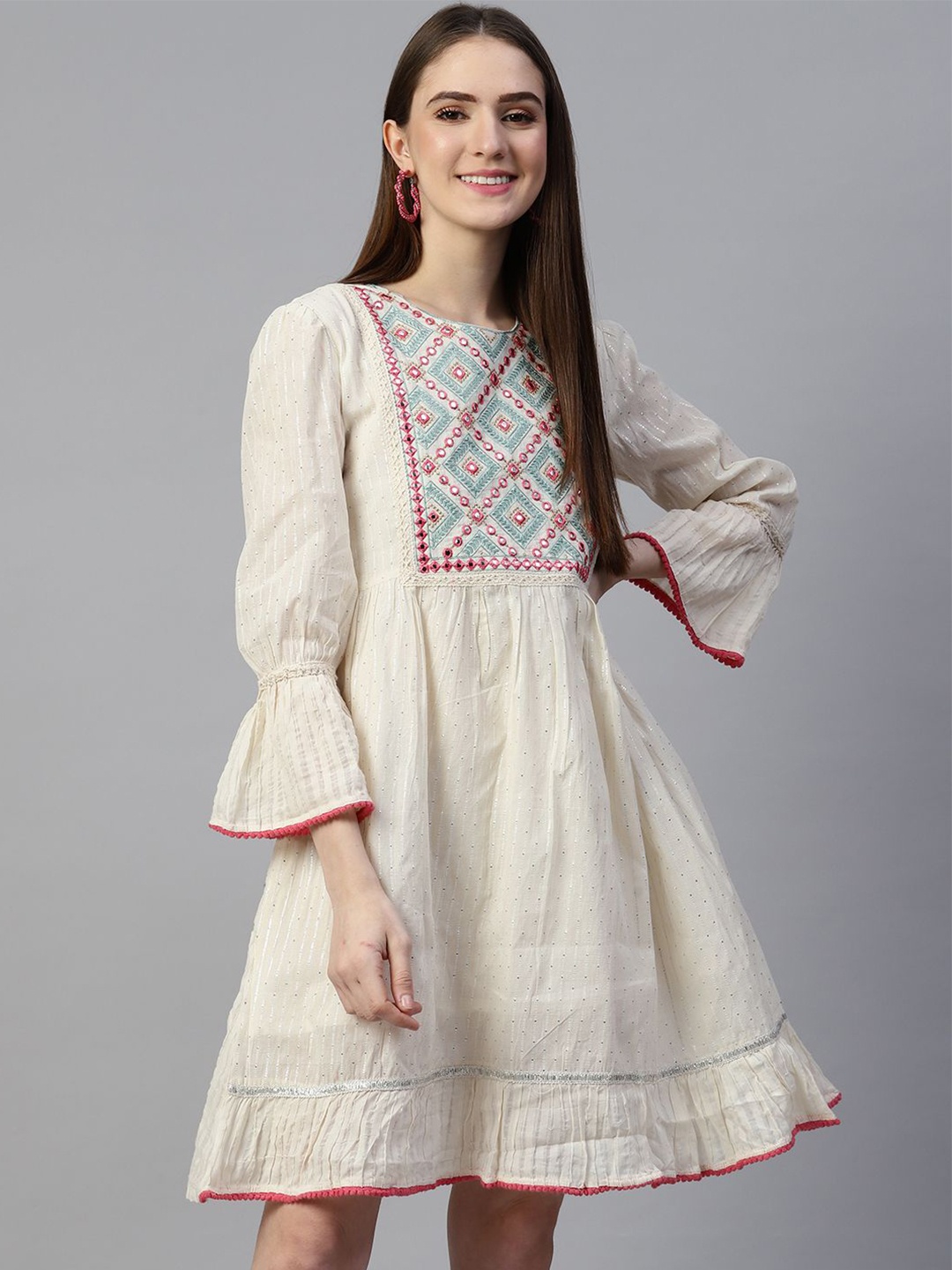 

KALINI Ethnic Motifs Bell Sleeve Fit & Flare Dress, Off white