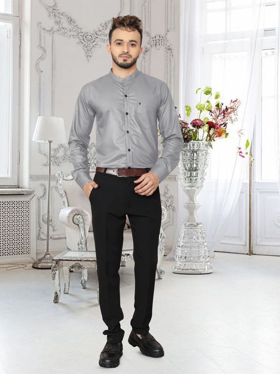 

Fashion FRICKS Cotton Chineese Collar Full Sleeve Shirt, Grey