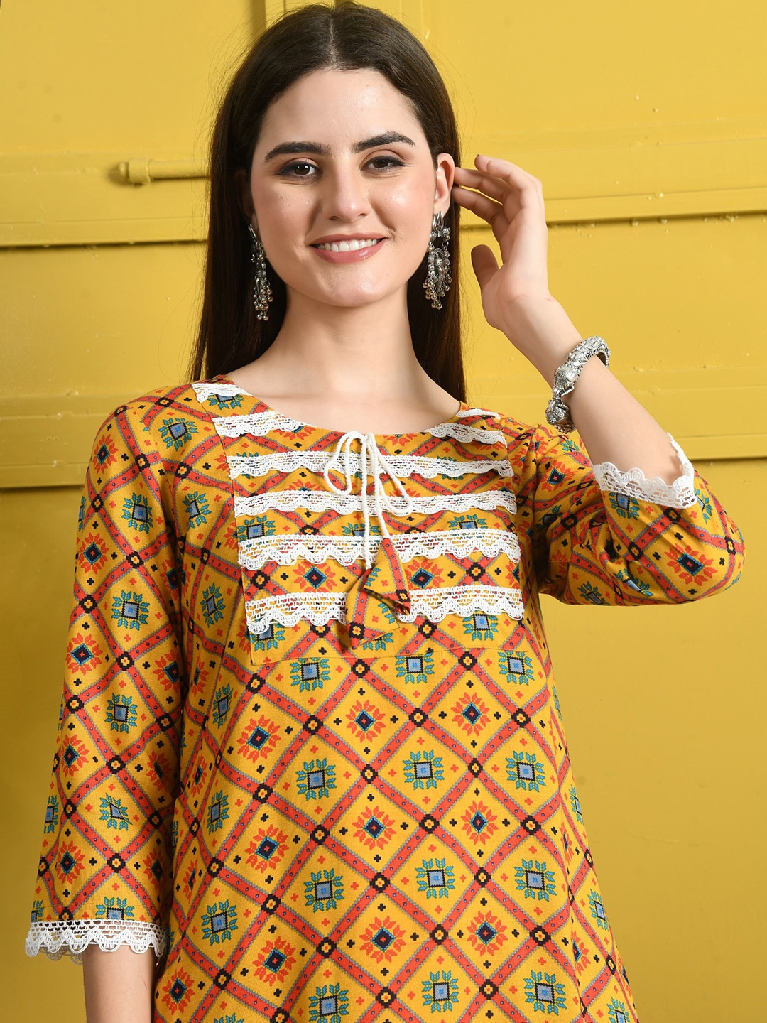 

CRENOL THREADS Women Ethnic Motifs Printed Regular Kurta with Trousers & With Dupatta, Yellow